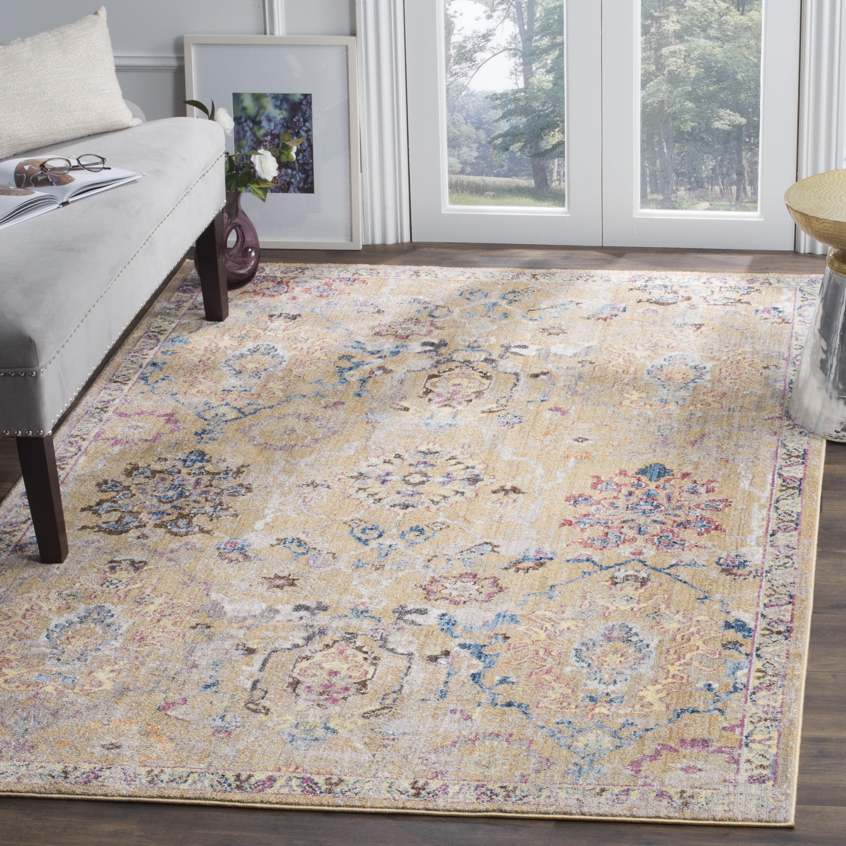 Camel and Blue Distressed Synthetic 8' x 10' Area Rug