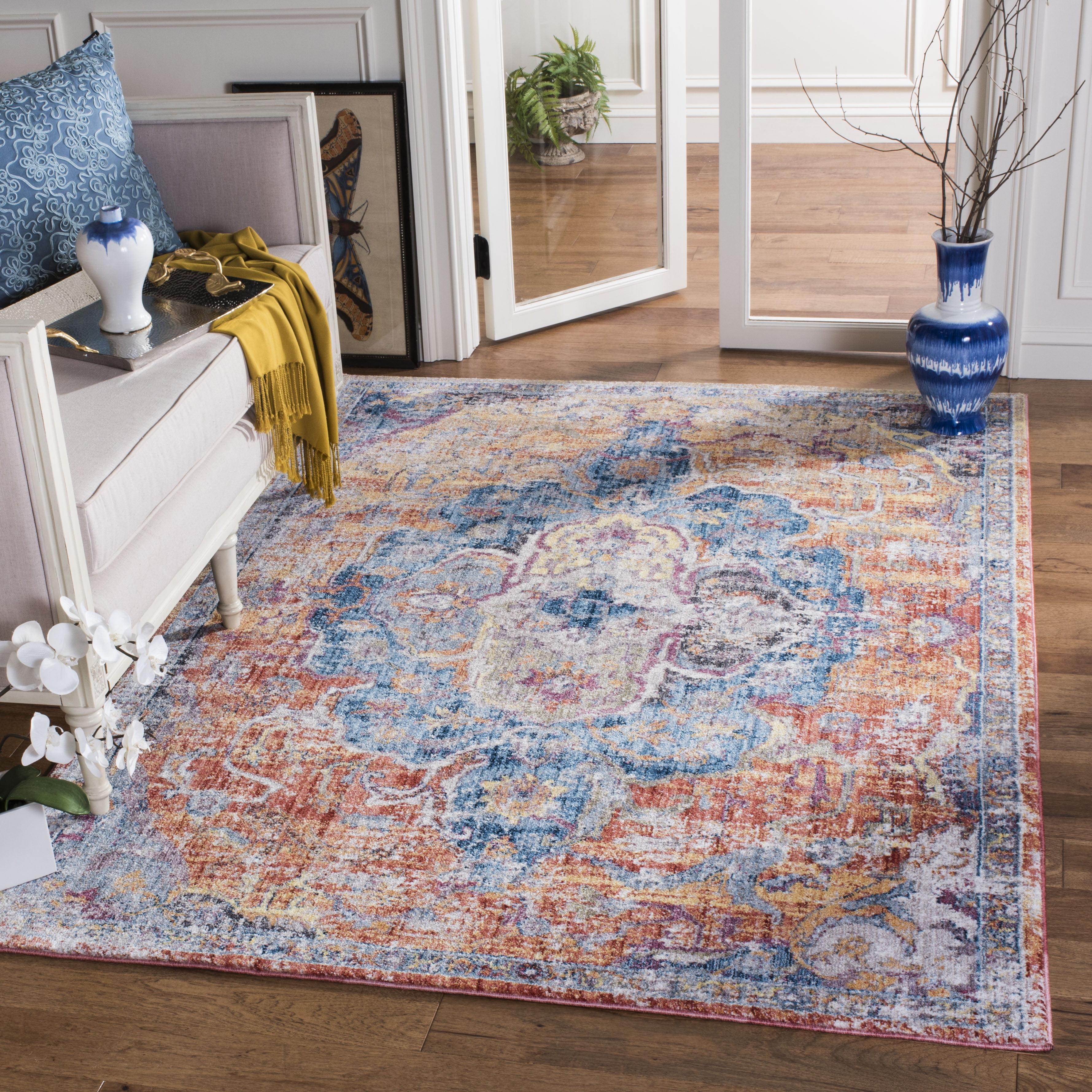 SAFAVIEH Bristol Waverly Traditional Polyester Area Rug, Blue/Orange, 4' x 6'