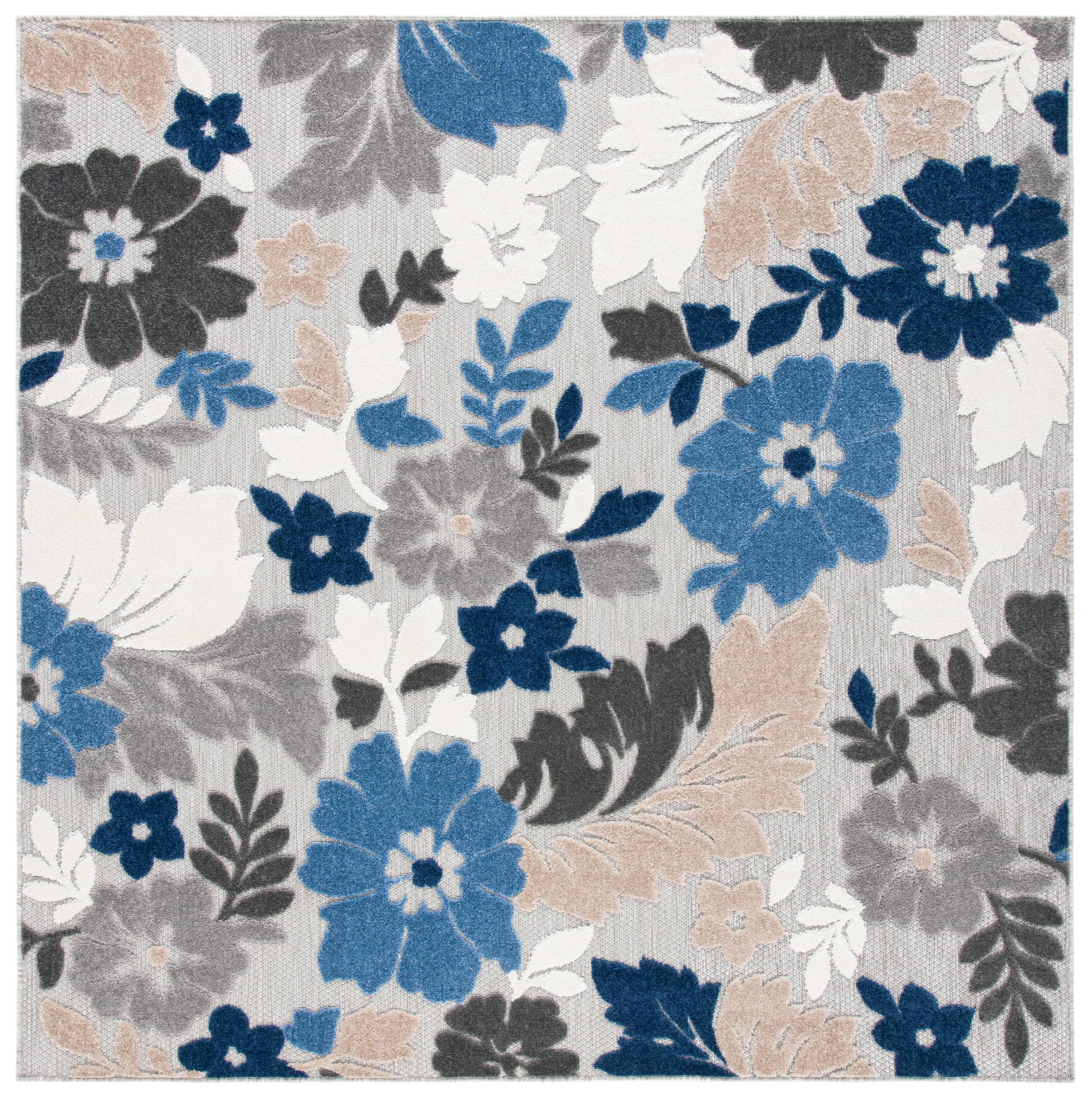 Cabana Grey/Blue Floral Reversible Synthetic Square Rug - 7' x 7'