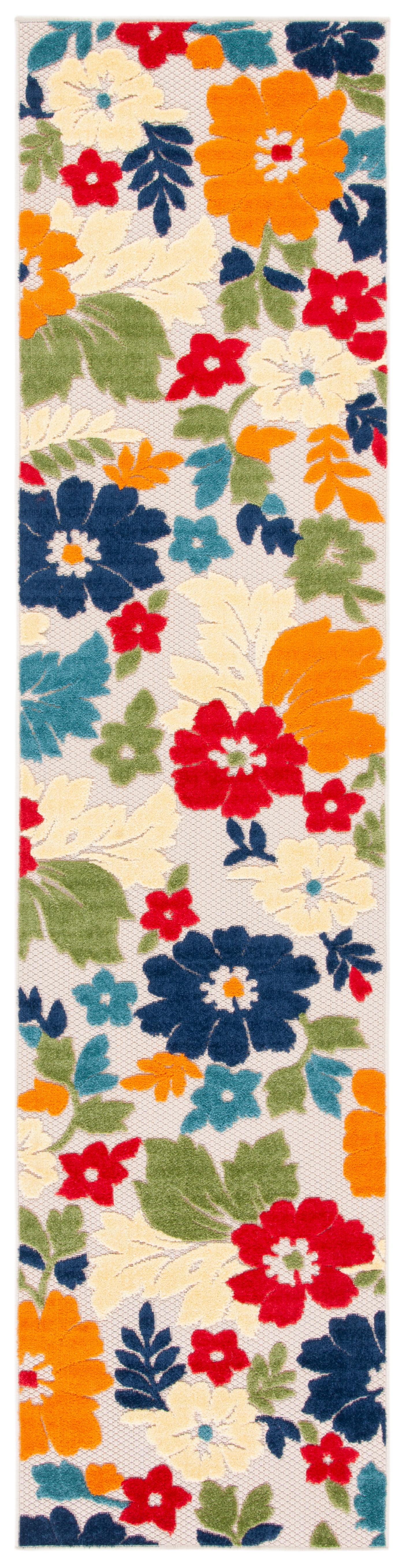 Ivory and Orange Floral Synthetic Outdoor Rug, 26" x 9'