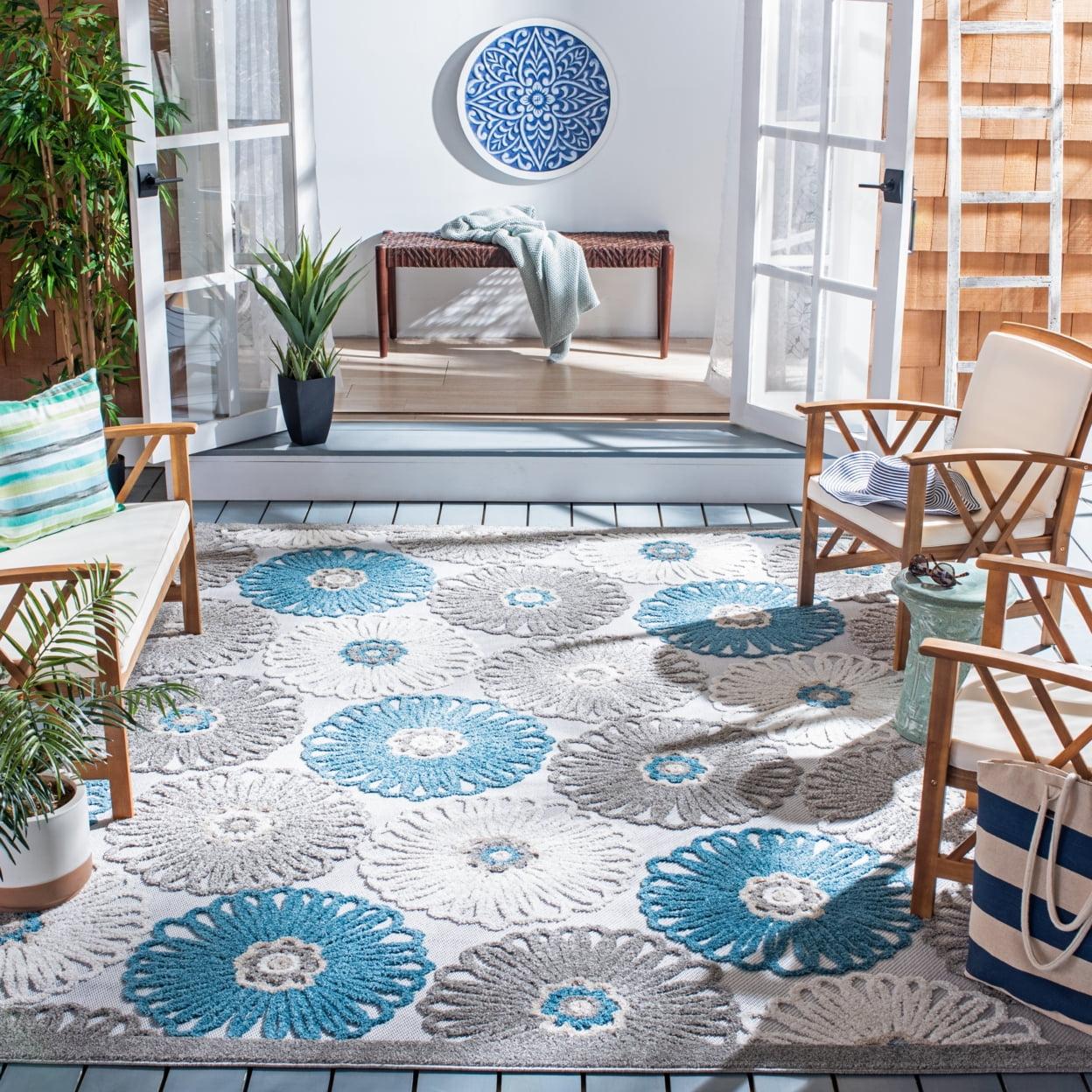 Beige and Blue Floral Synthetic Indoor/Outdoor Area Rug