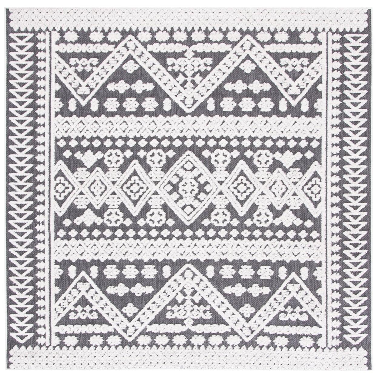 Ivory and Grey Geometric Square Indoor/Outdoor Rug