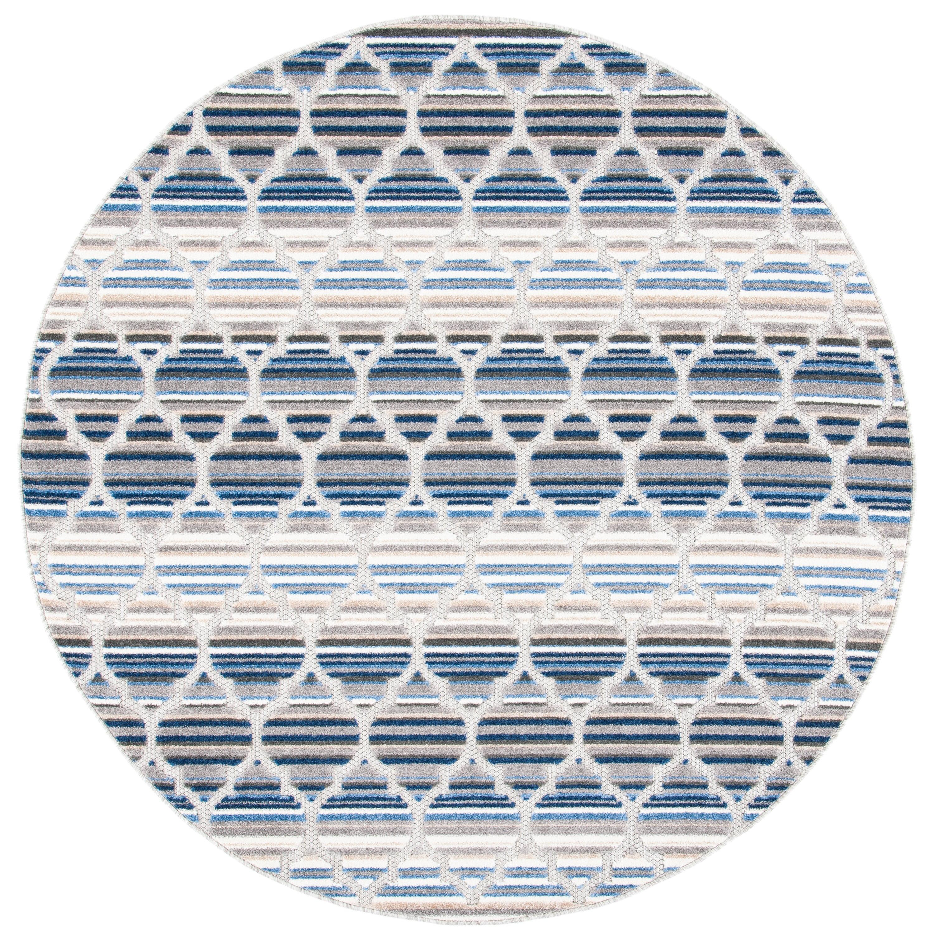 Blue/Grey Geometric 6'7" Round Stain-Resistant Synthetic Rug