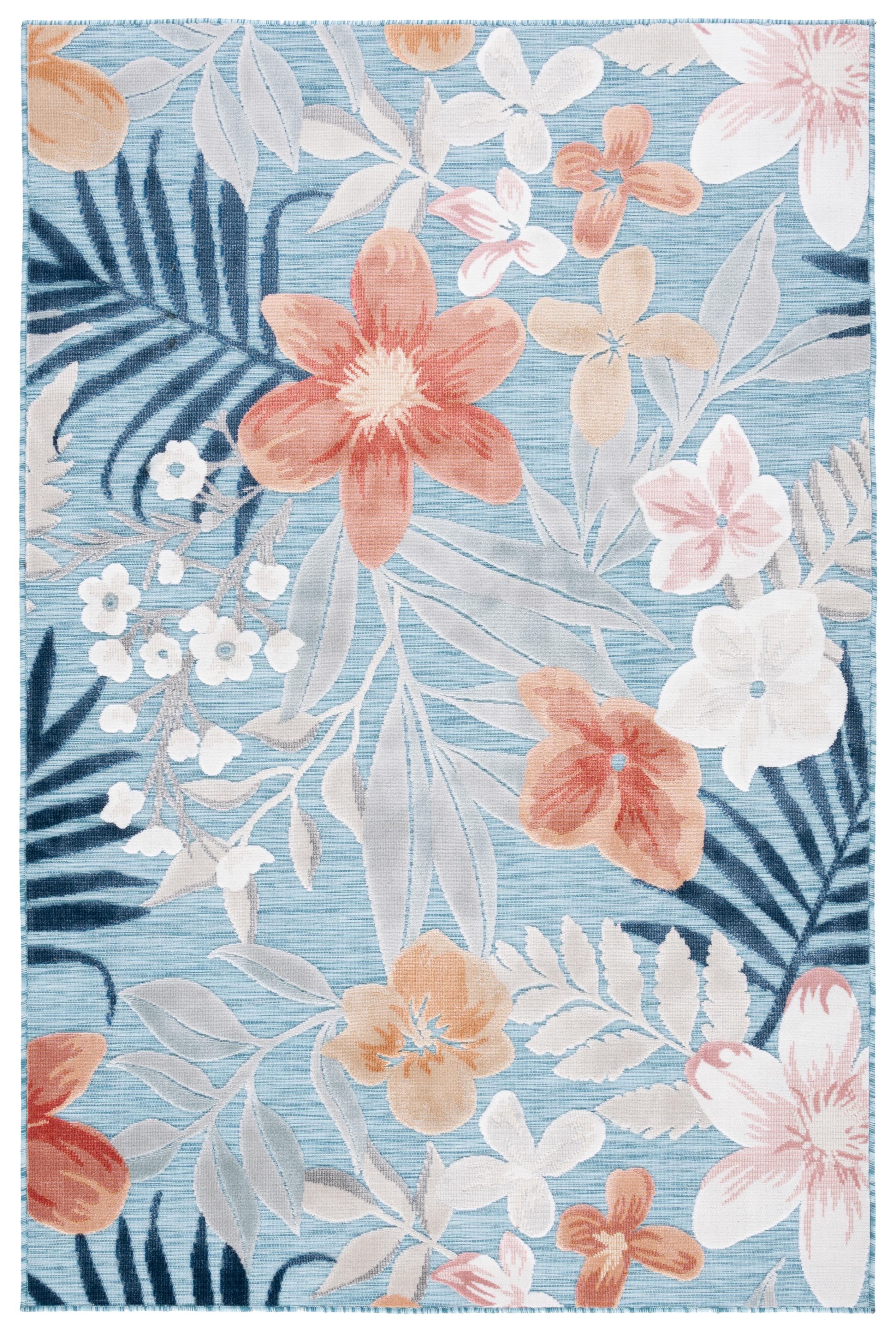 Aqua and Rust Floral Synthetic 9' x 12' Rectangular Area Rug