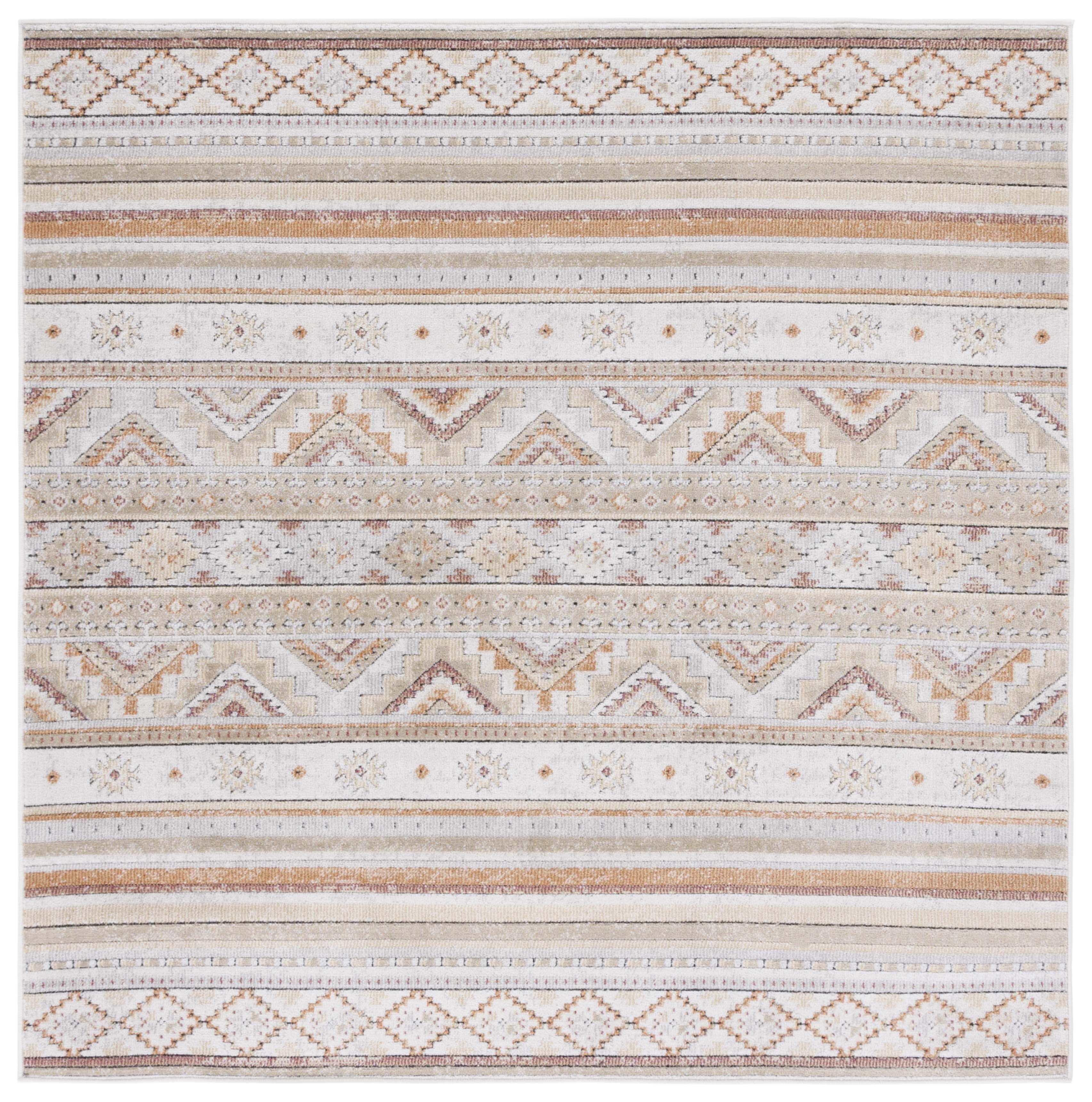 Ivory Beige Geometric Synthetic Square Area Rug