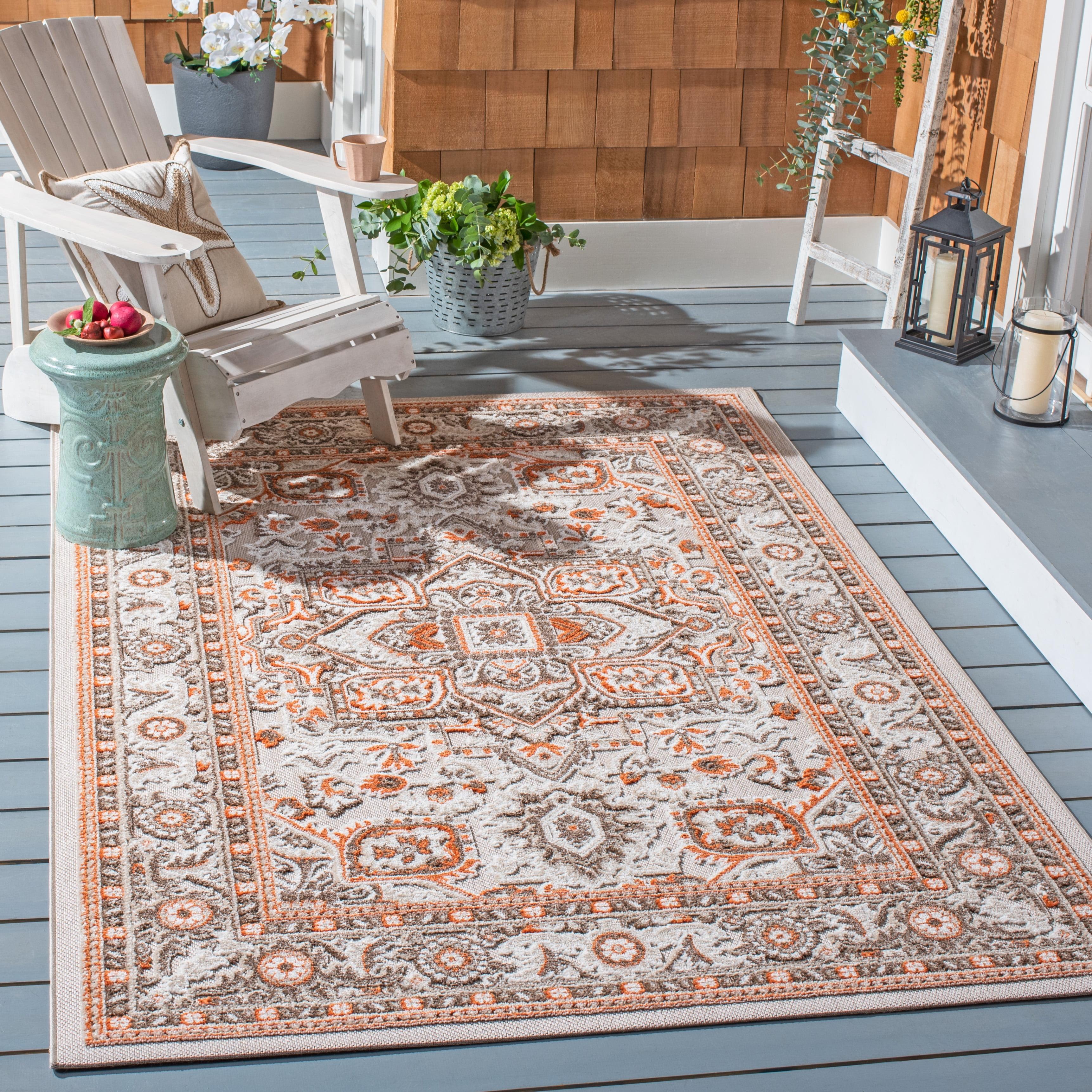 Beige and Orange Floral Synthetic Indoor/Outdoor Rug