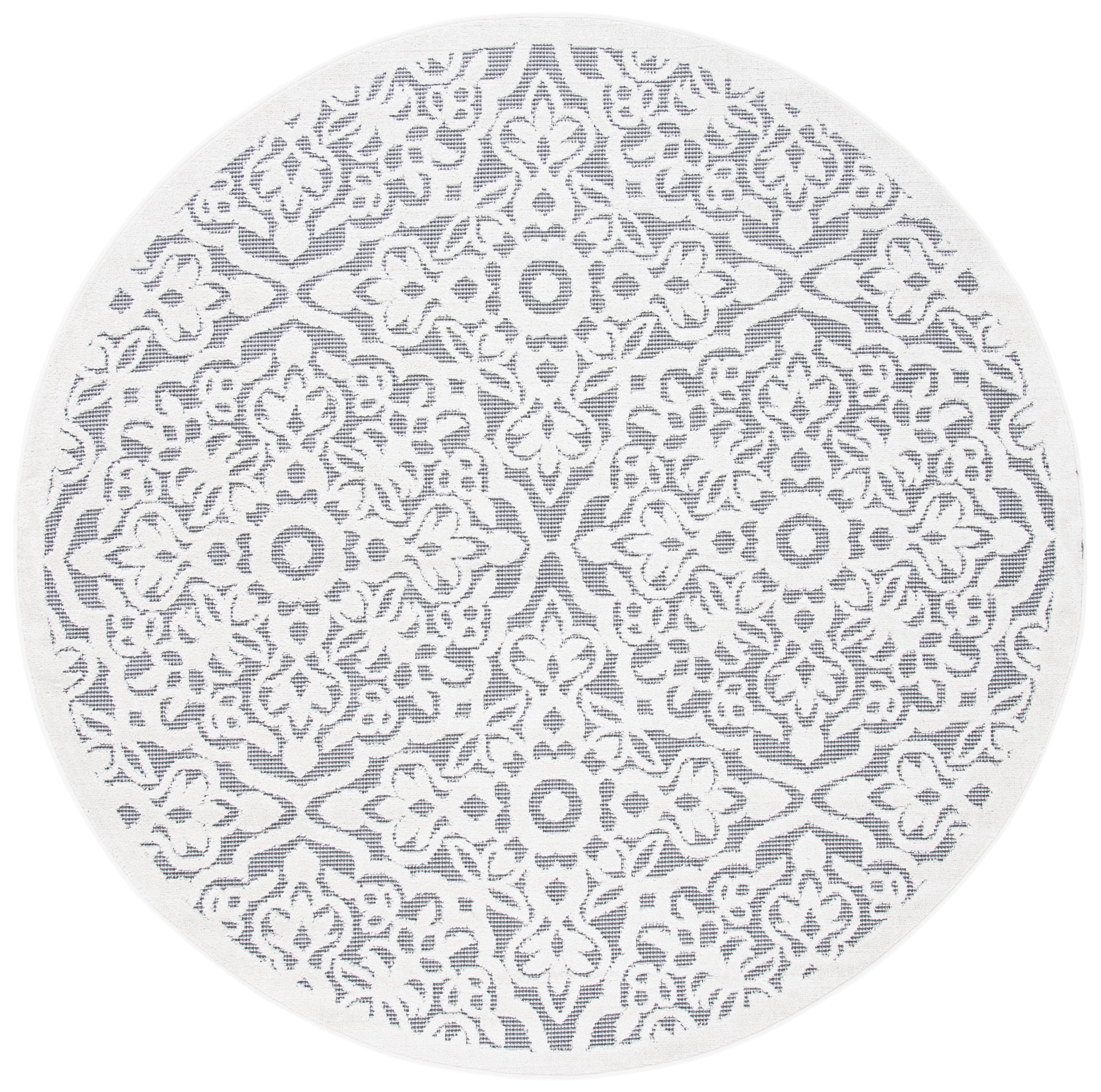 Ivory and Grey Round Geometric Synthetic Indoor/Outdoor Rug