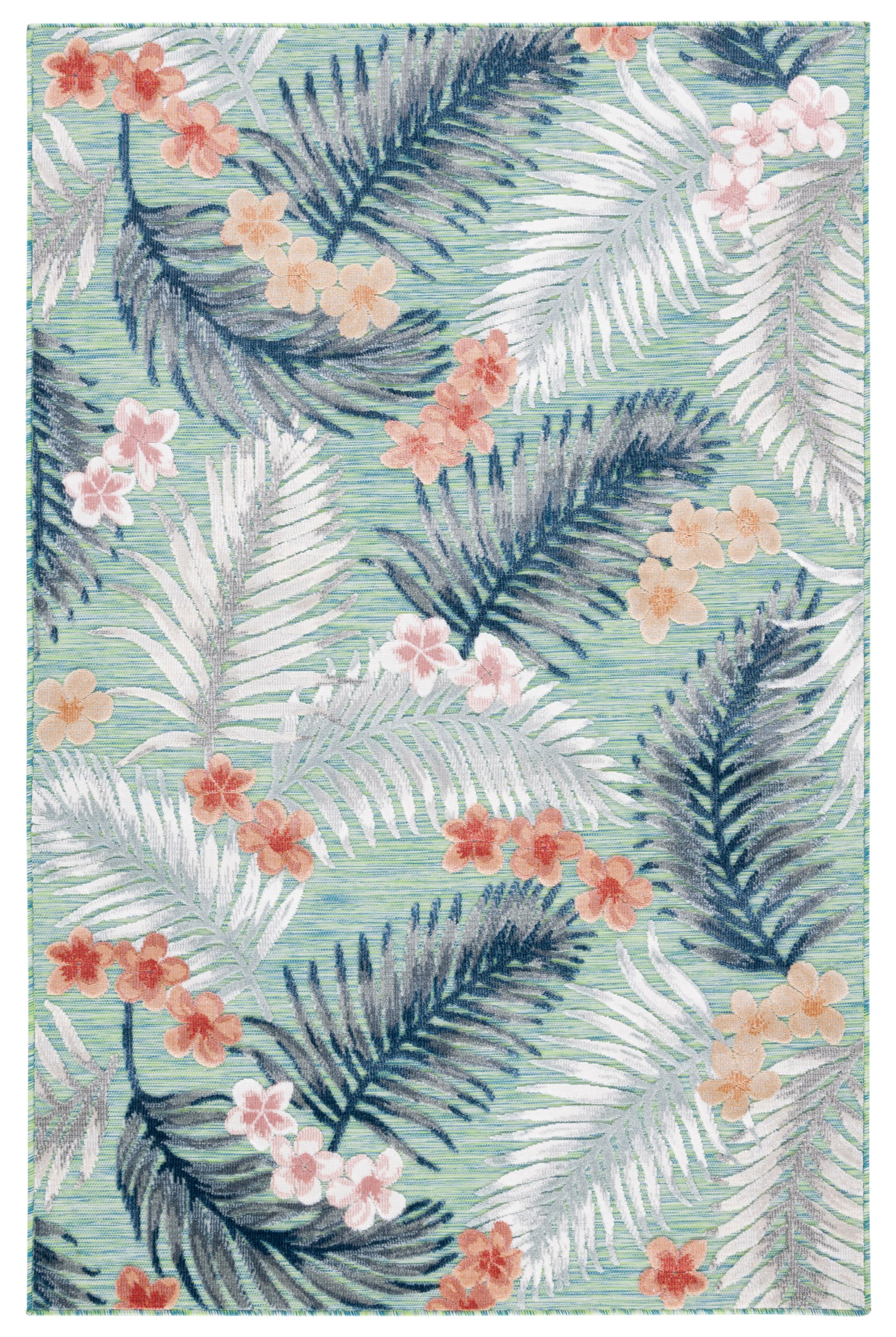 Floral Bliss Green/Navy Synthetic 4' x 6' Easy-Care Outdoor Rug