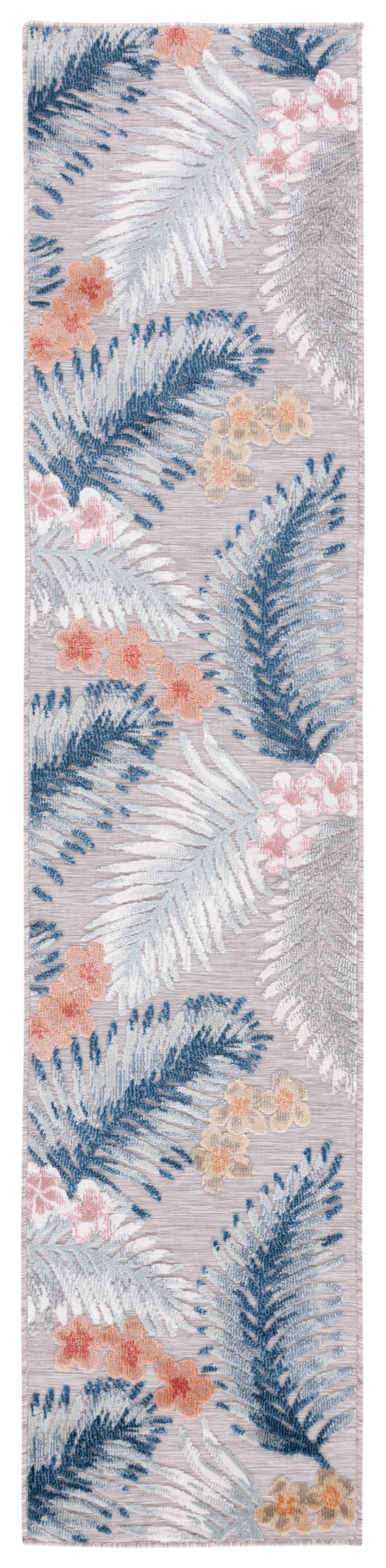 Gray and Navy Floral Synthetic Runner Rug