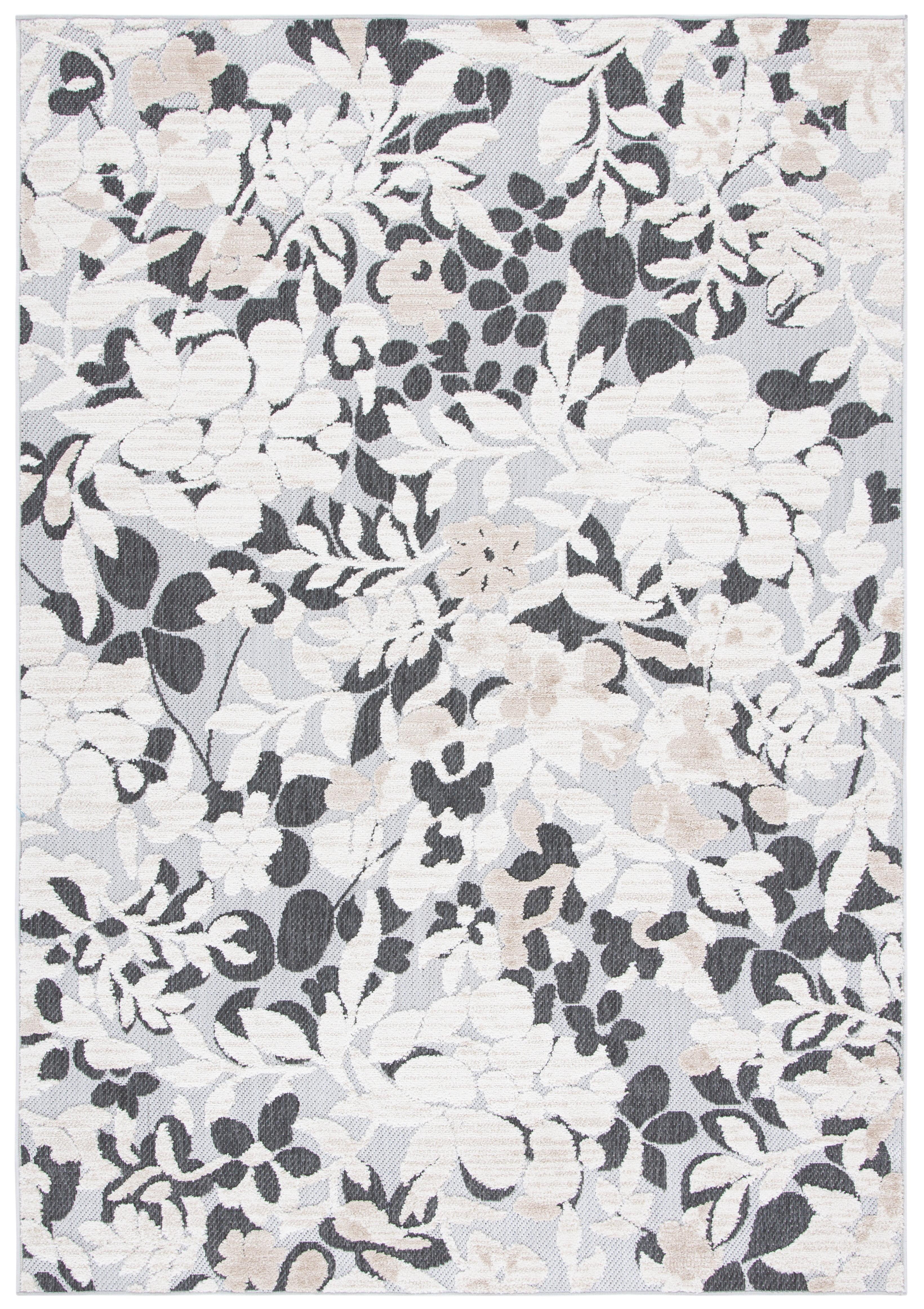 Ivory and Charcoal Floral Synthetic Indoor/Outdoor Rug