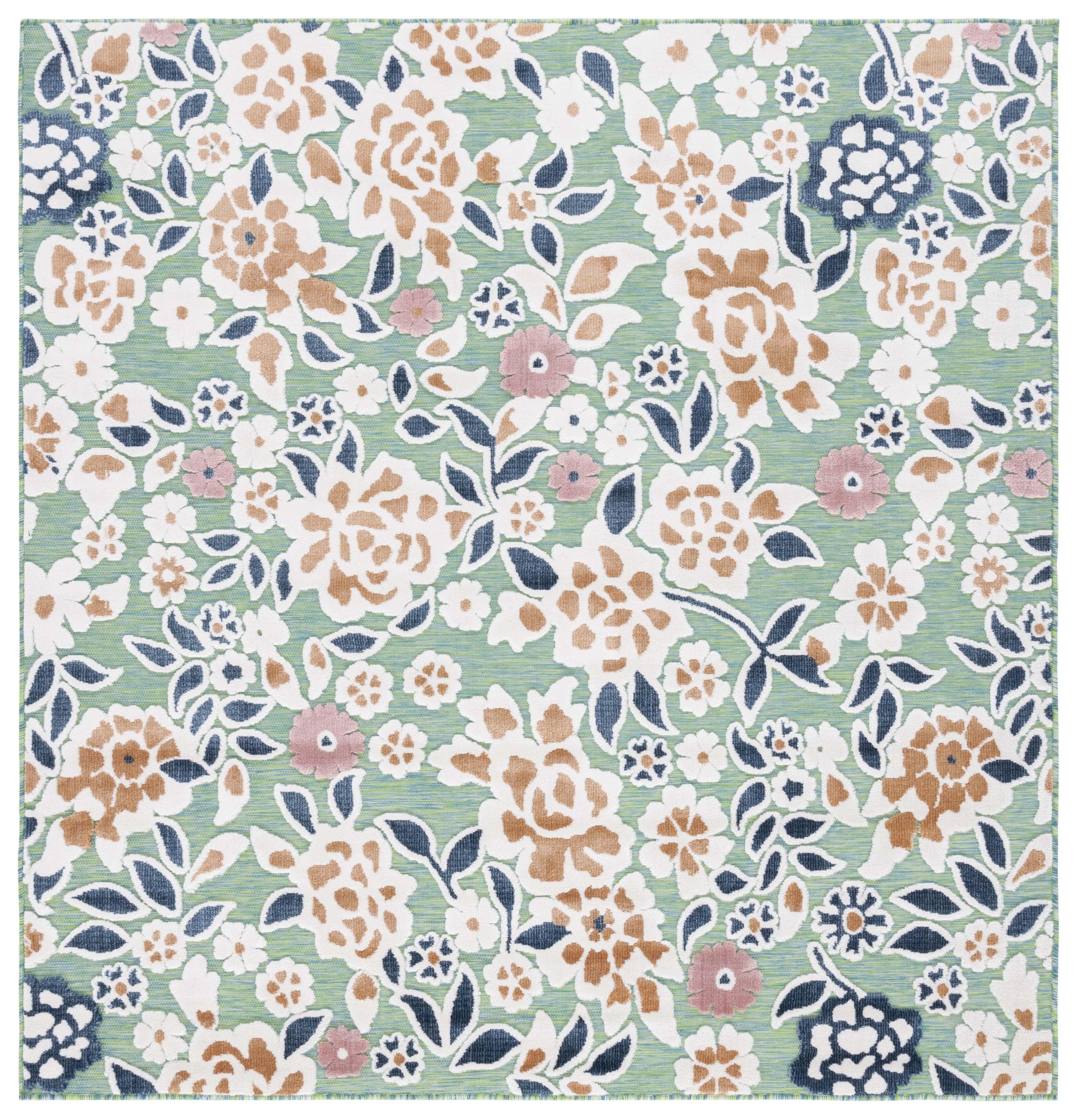 Green and Navy Synthetic Floral Square Rug, 6'5" x 6'5"