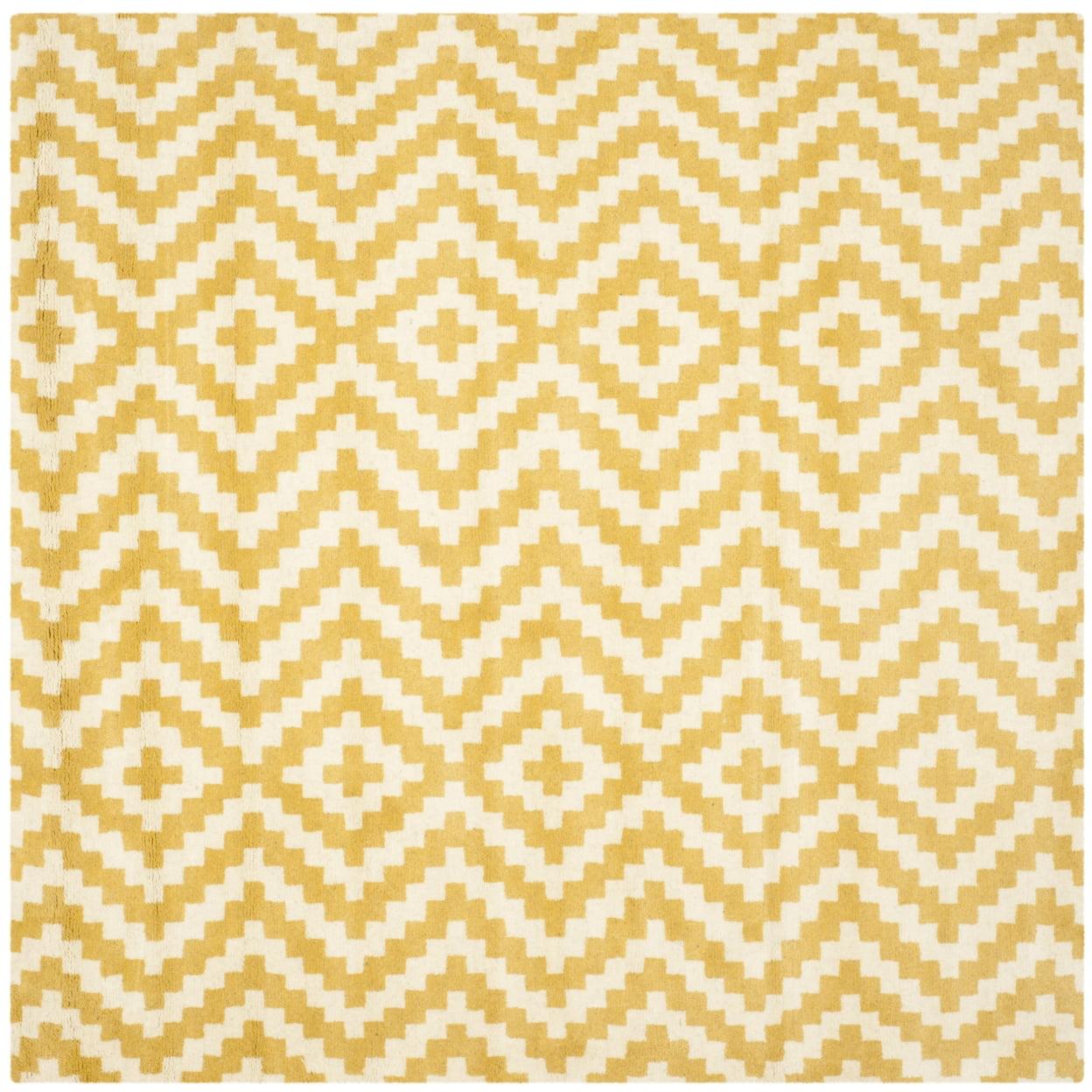 Ivory and Gold Geometric Hand-Tufted Wool Area Rug, 6' x 6'