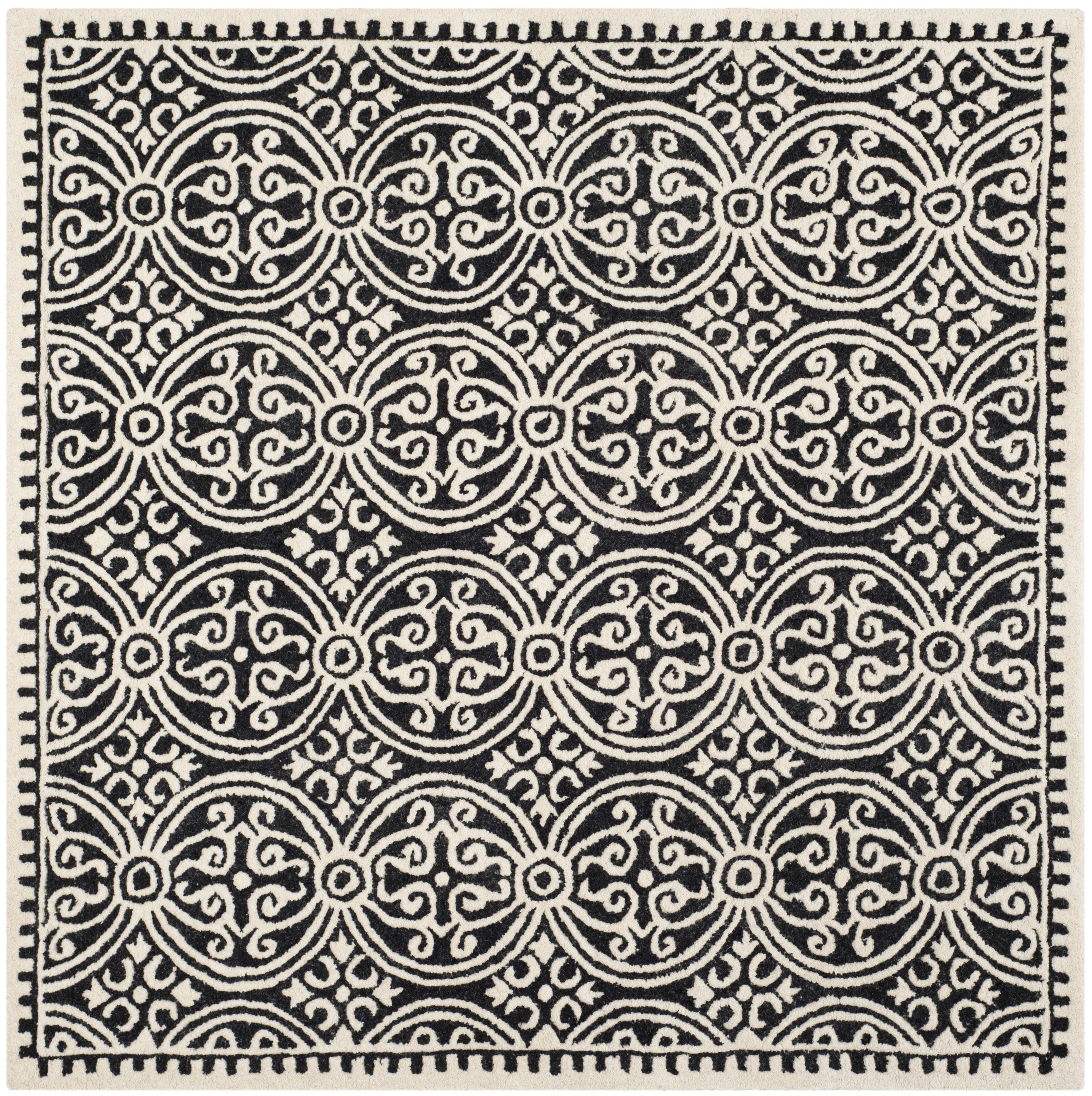 Ivory and Black Geometric Wool 3' x 3' Square Rug