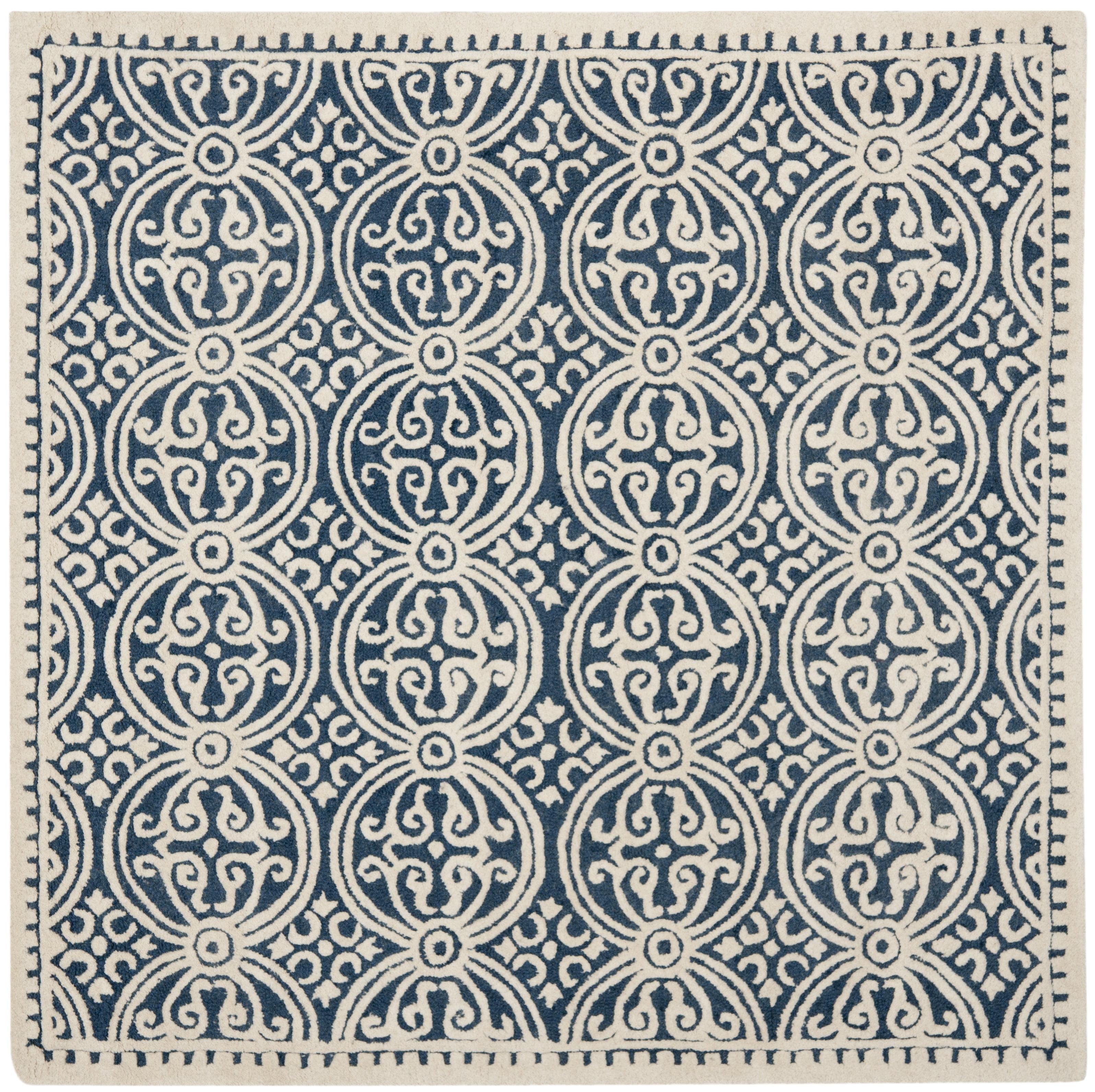 Ivory and Navy Blue Hand-Tufted Wool Geometric Square Rug