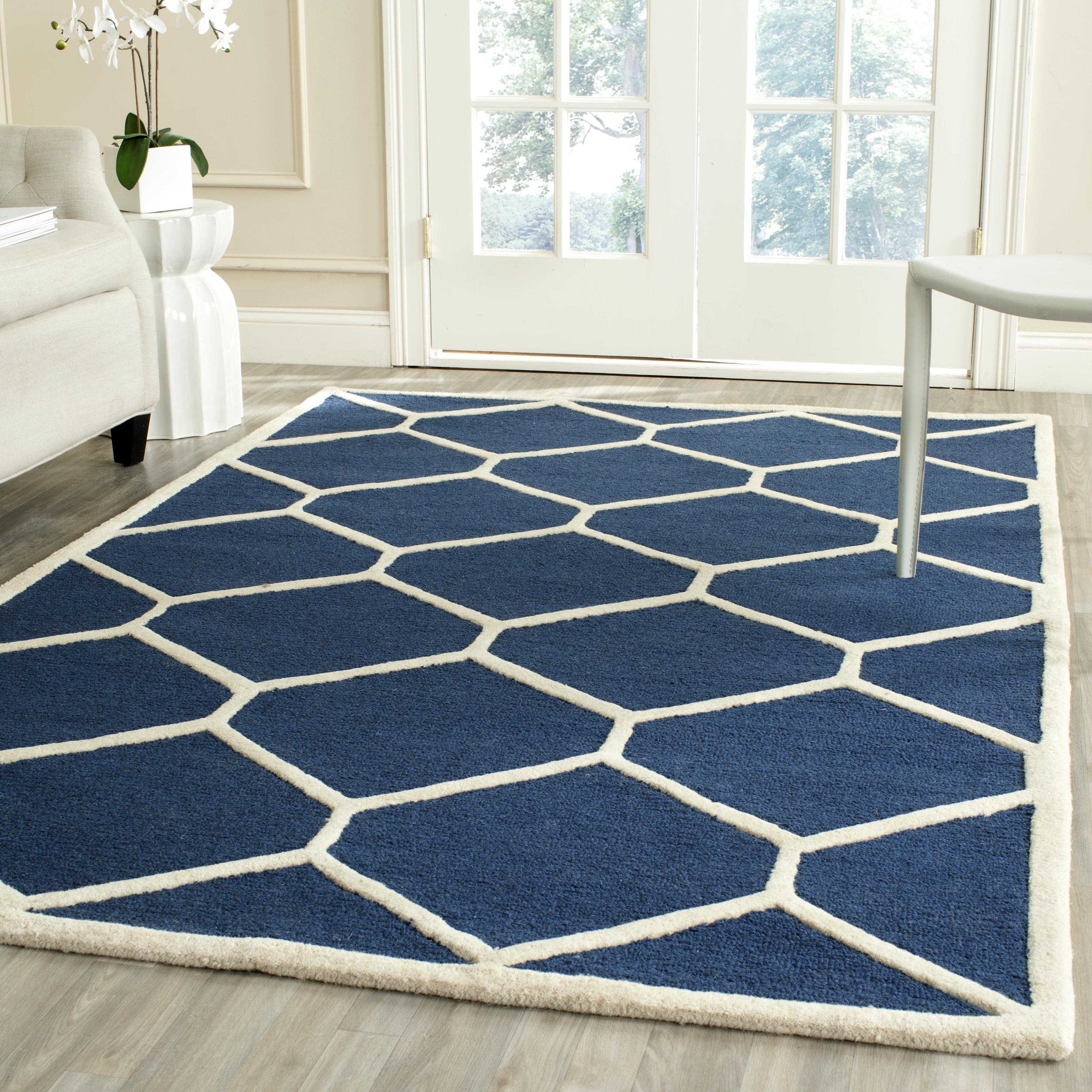 Navy Blue and Ivory Hand-Tufted Wool Geometric Area Rug