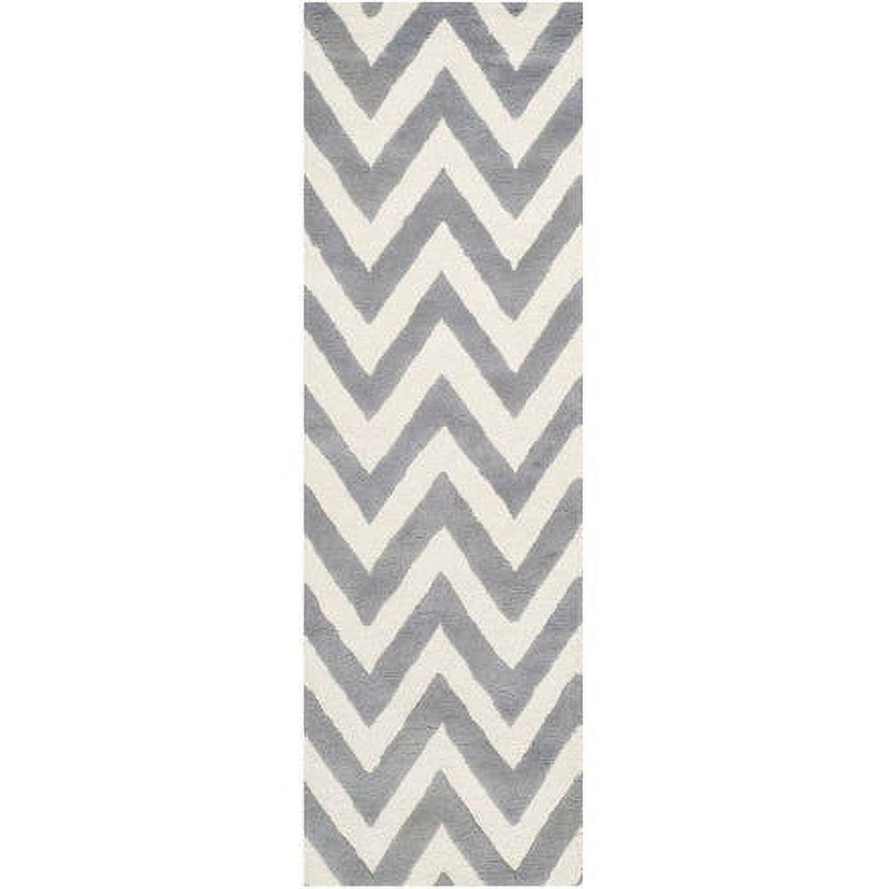 Silver and Ivory Hand-Tufted Wool Zig Zag Runner Rug