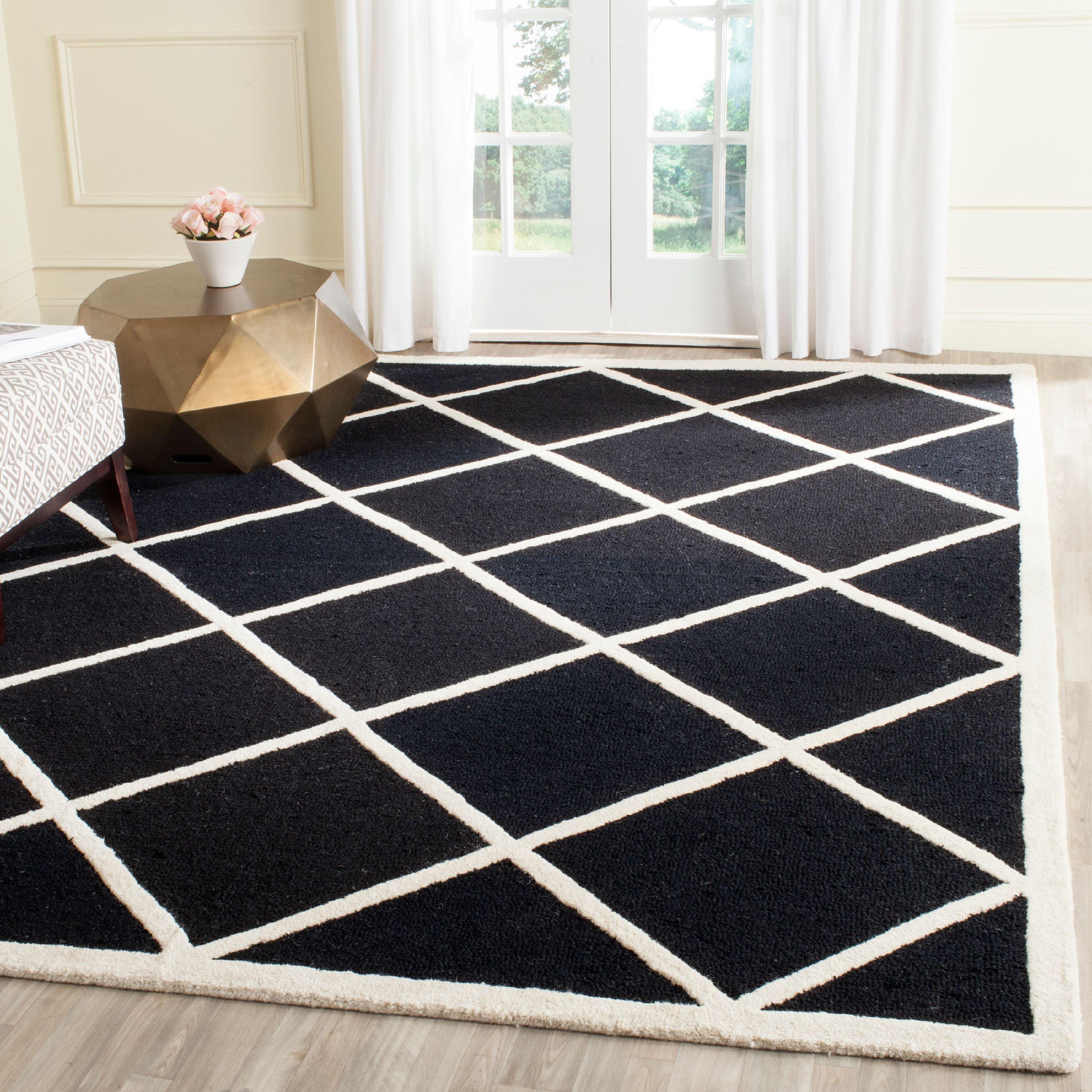 Hand-Tufted Black and Ivory Wool Geometric Area Rug