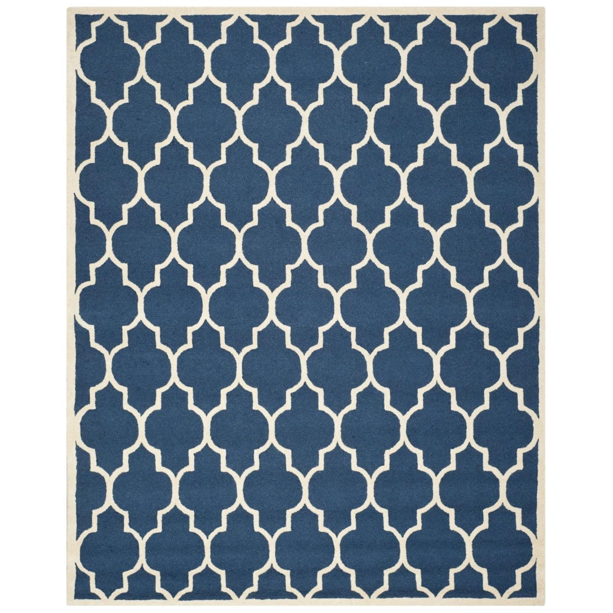 Ivory and Navy Geometric Hand-Tufted Wool Rug, 10' x 10'