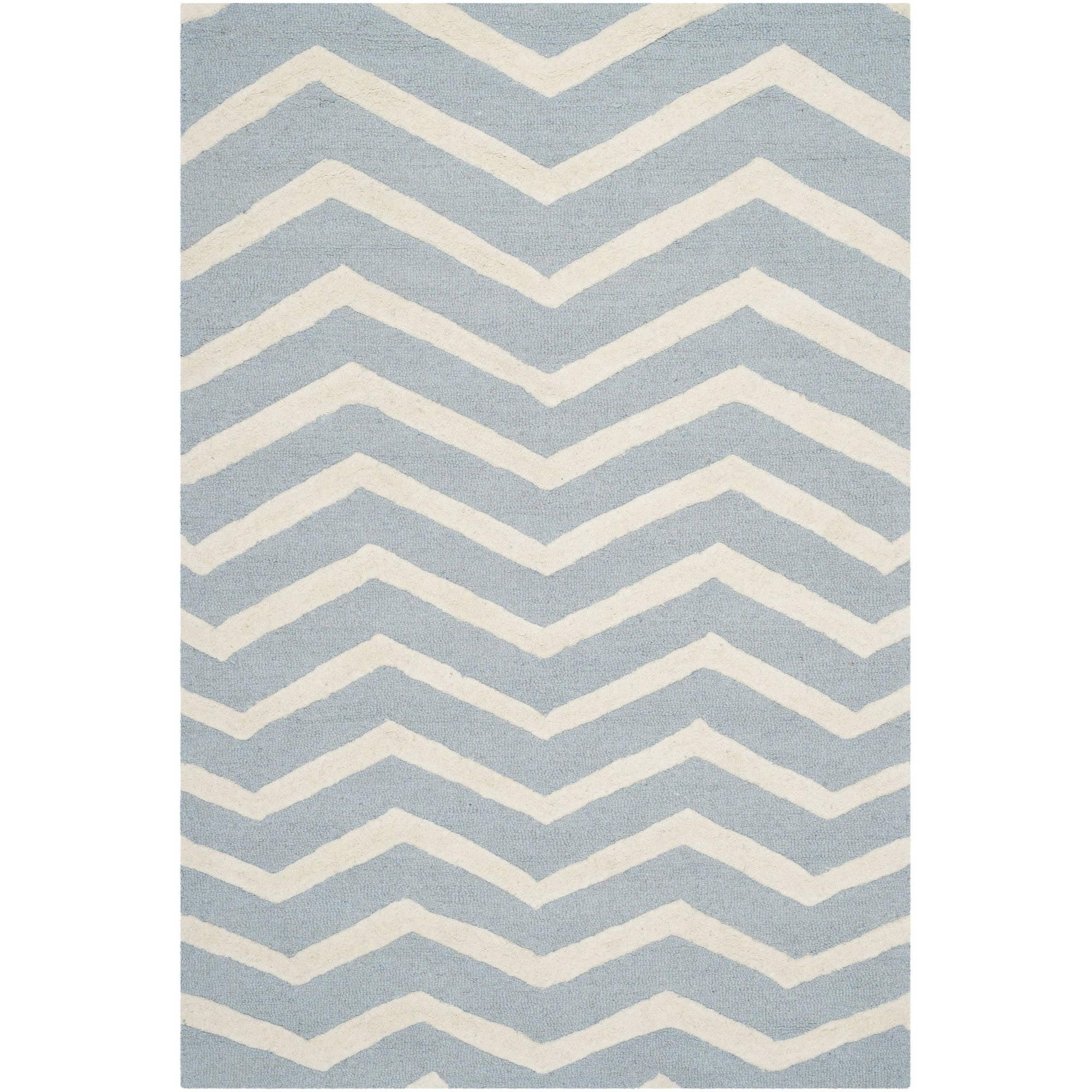 Blue and Ivory Hand-Tufted Wool Zig Zag Area Rug, 6' x 9'