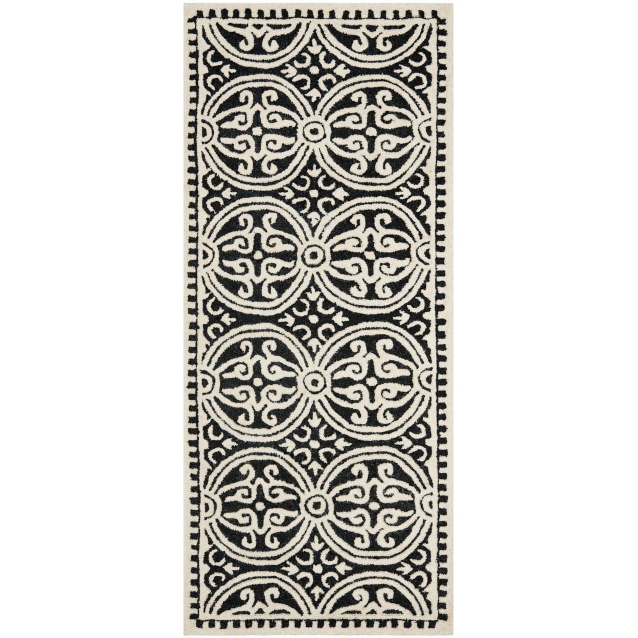 Elegant Cambridge Black/Ivory Hand-Tufted Wool Runner Rug, 2'6" x 10'