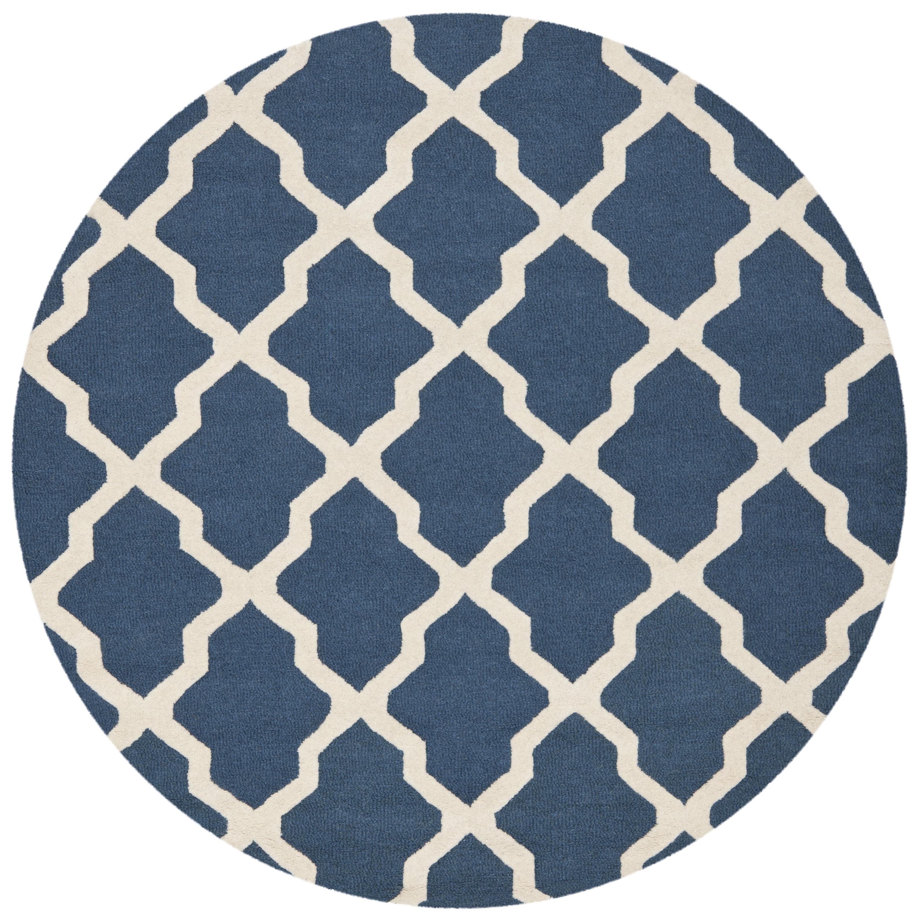 SAFAVIEH Cambridge Liam Geometric Wool Area Rug, Navy Blue/Ivory, 4' x 4' Round