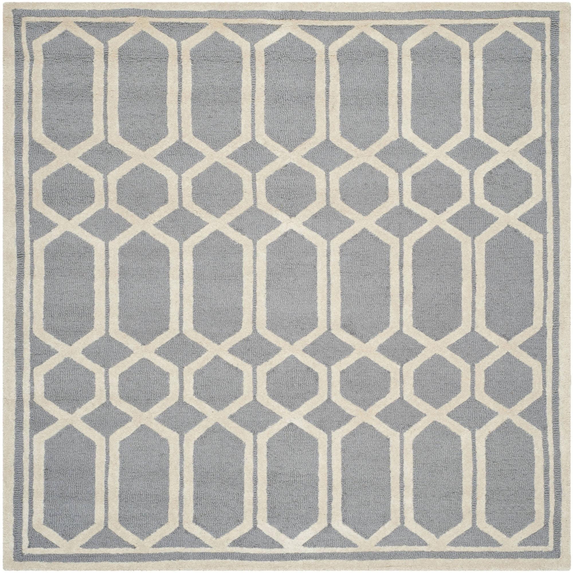 Ivory and Silver Hand-Tufted Wool Square Rug, 6' x 6'