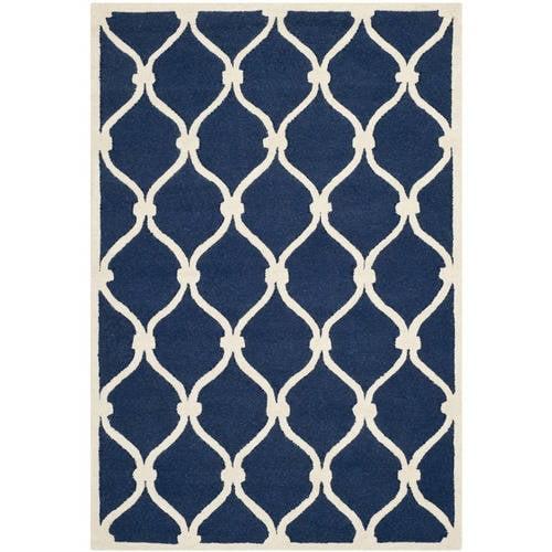 Hand-Tufted Geometric Navy/Ivory Wool Round Rug