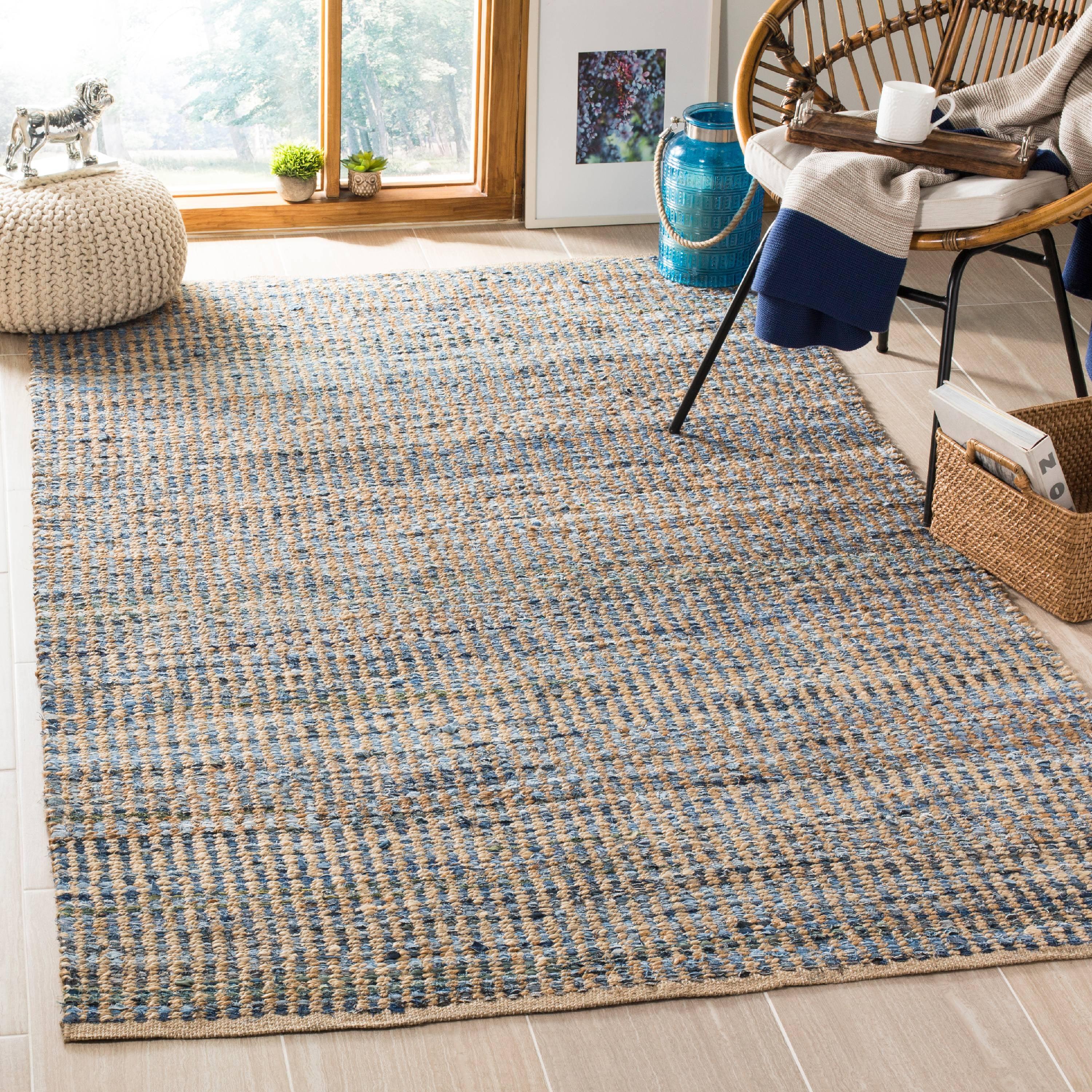 SAFAVIEH Cape Cod Beuregard Braided Striped Jute Area Rug, 9' x 12', Natural/Blue