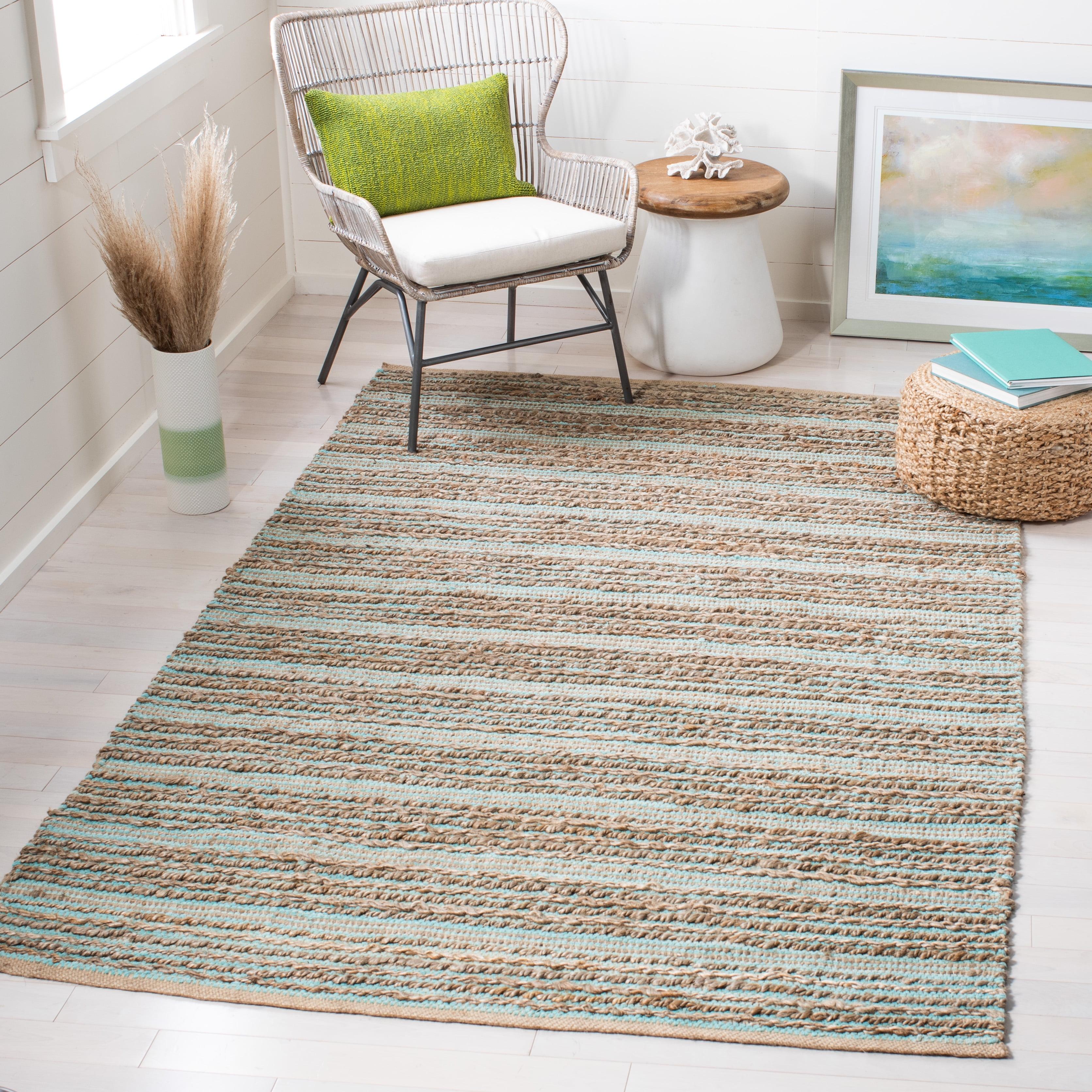Winthrop Hand Woven Jute/Cotton Striped Rug in Aqua