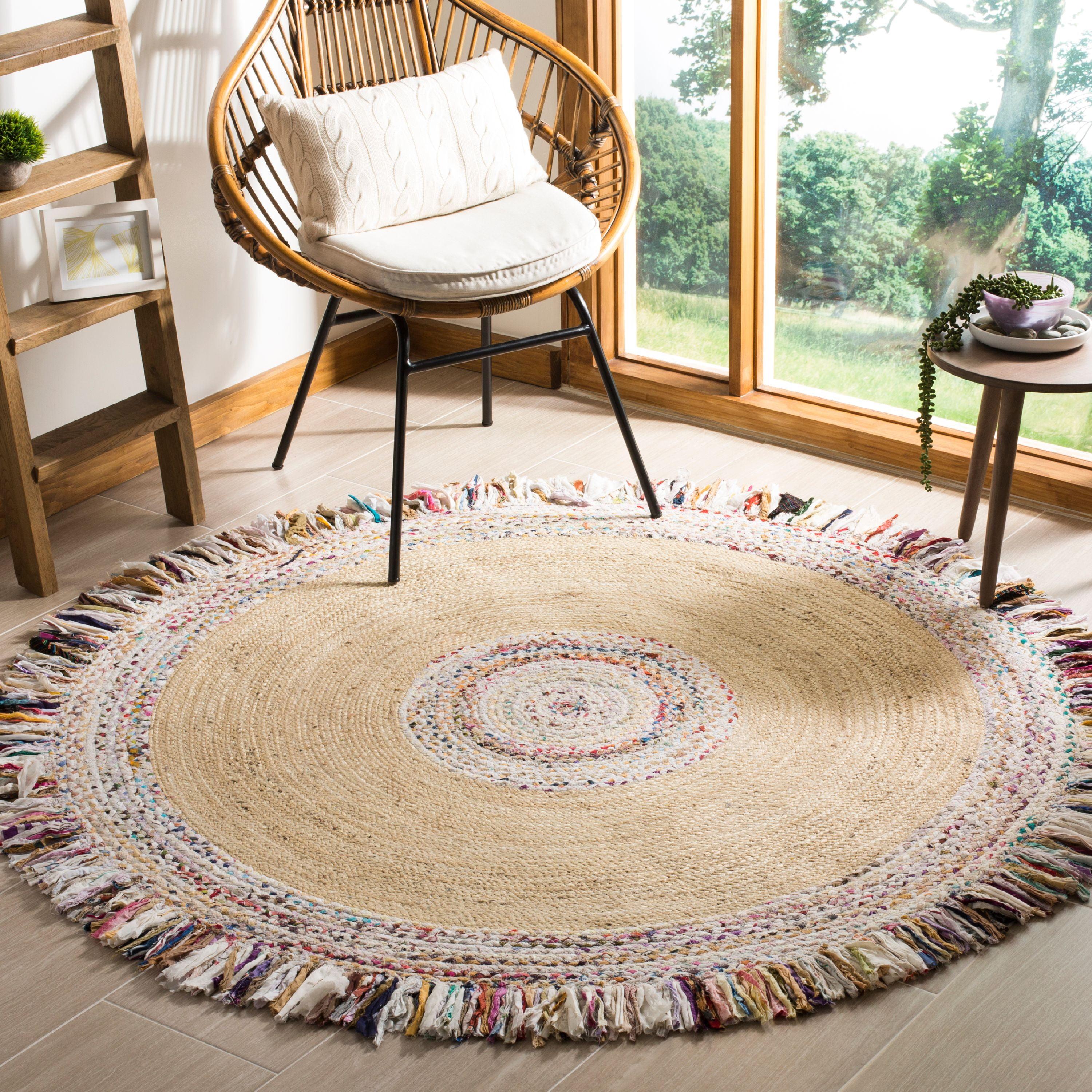 Ivory and Light Beige Round Wool Flat Woven Rug