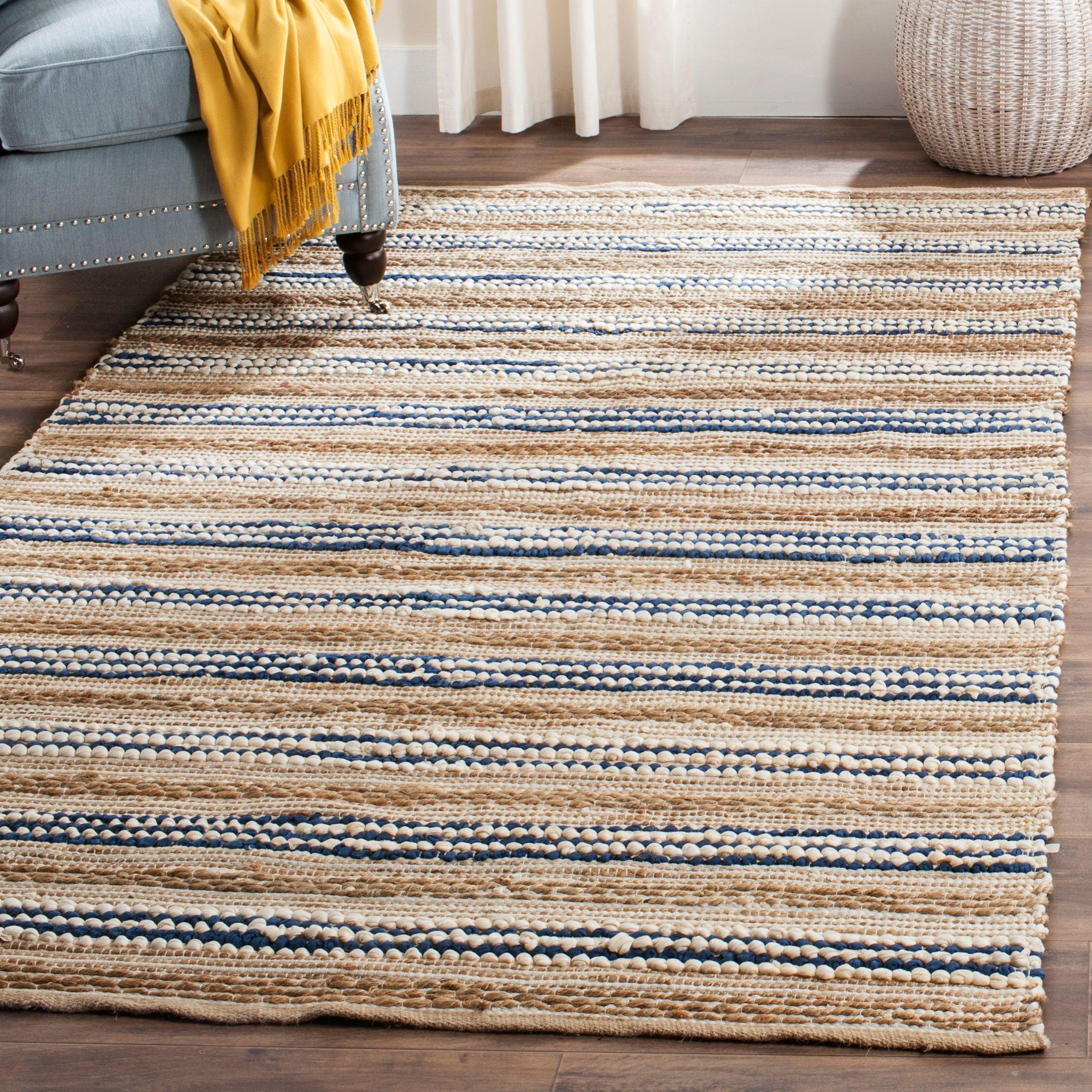 Cape Cod Natural and Blue Handwoven Cotton Area Rug, 5' x 8'