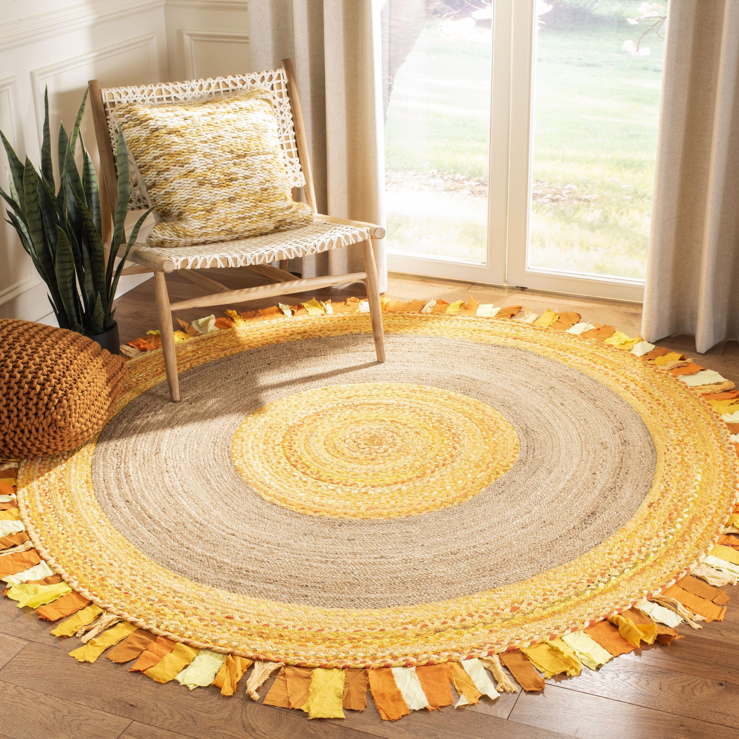 SAFAVIEH Cape Cod Susan Braided with Fringe Area Rug, 6' x 6' Round, Gold/Natural