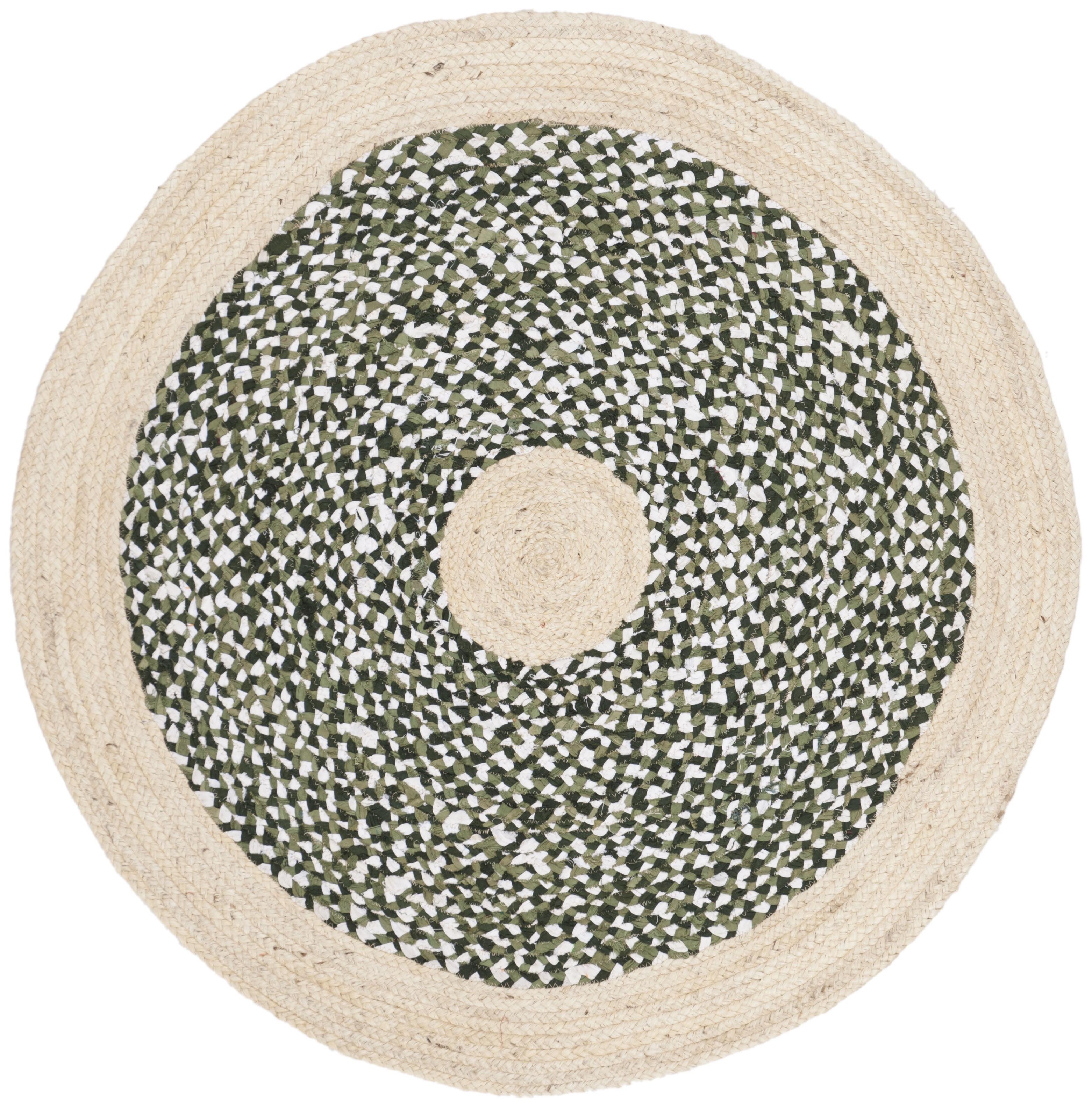 Green and Natural Round Handwoven Cotton Rug, 3' x 3'