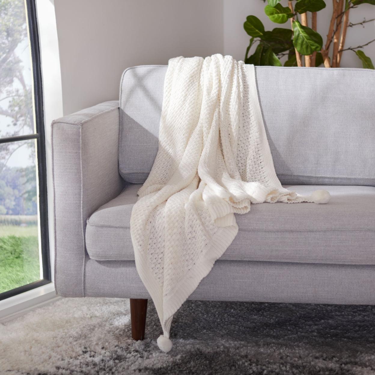 Ivory Knitted Cotton Throw Blanket with Pom Pom Details