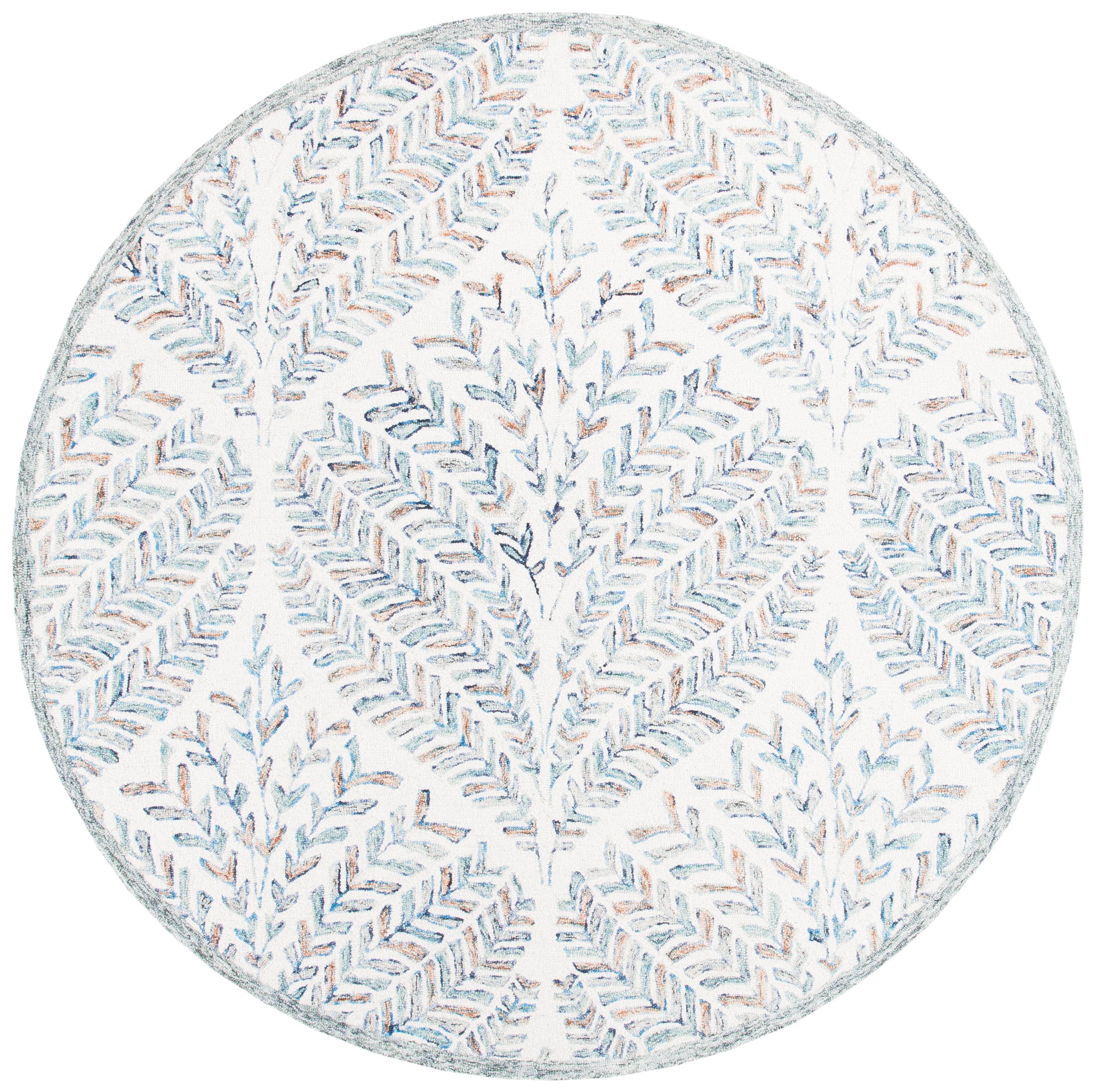 SAFAVIEH Capri Proinsias Leaves Wool Area Rug, Ivory/Blue, 4' x 4' Round