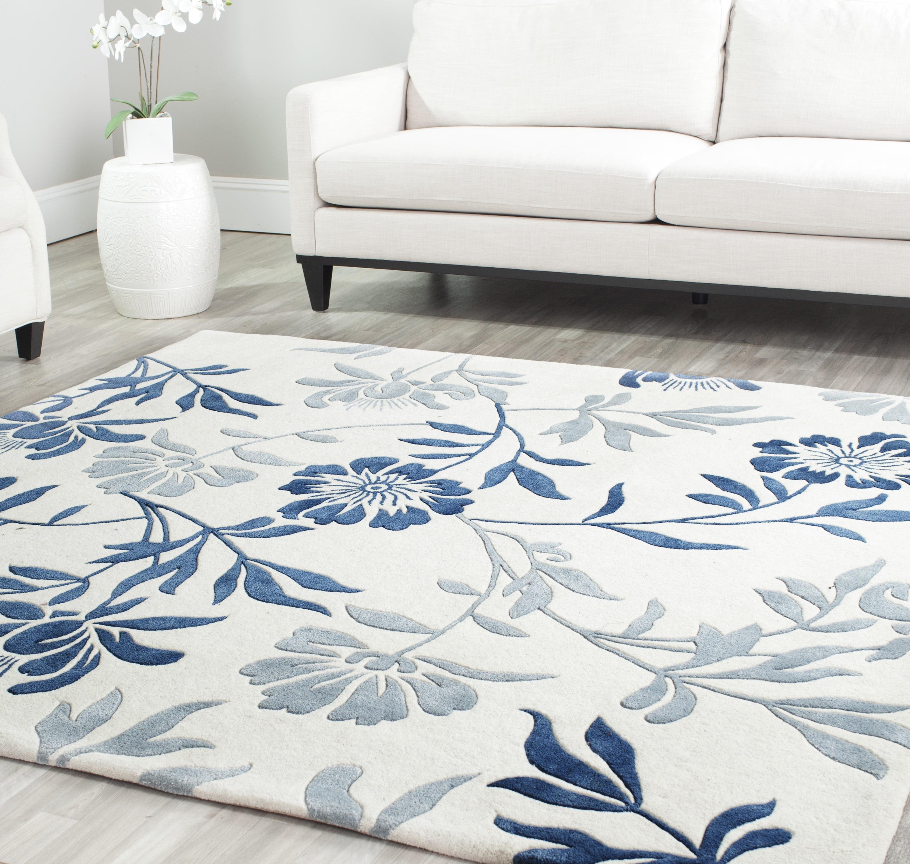 Capri Elegance Ivory and Blue Hand-Tufted Wool Square Rug, 7' x 7'