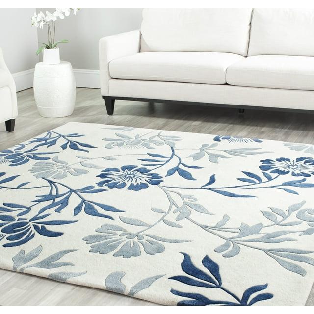 SAFAVIEH Capri Stephanie Floral Wool Area Rug, Ivory/Blue, 7' x 7' Square