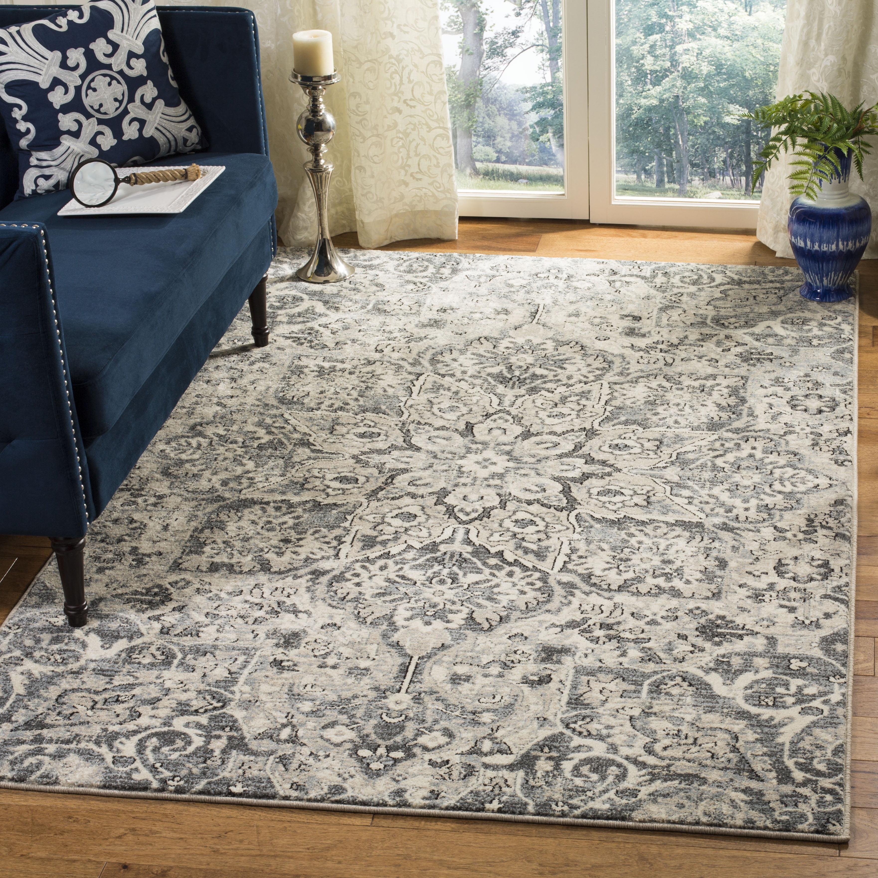 Ivory and Grey Floral Rectangular Cotton Area Rug, 3' x 5'