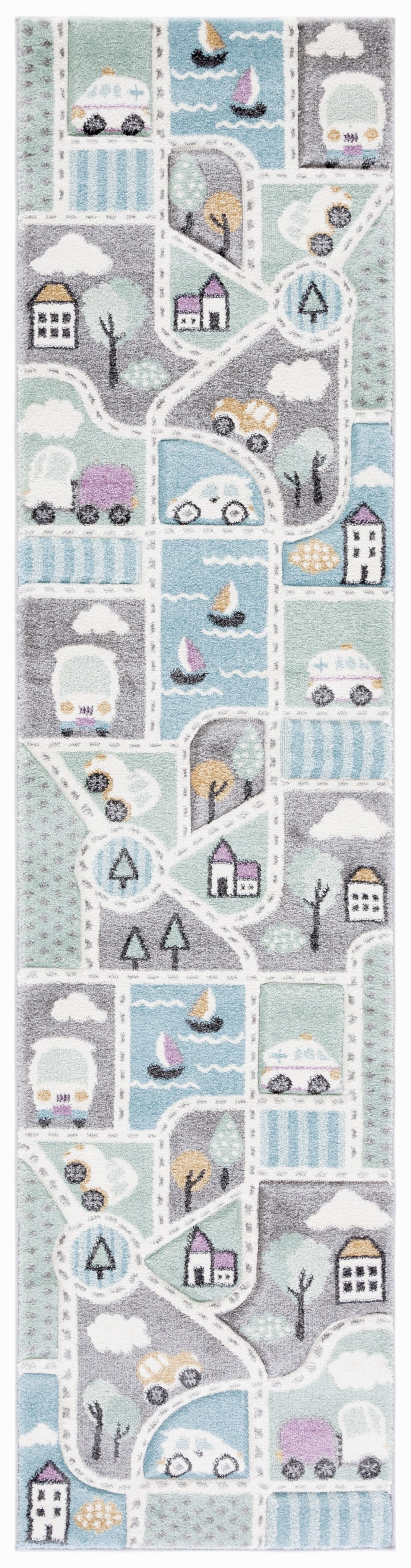 Gray and Light Blue Kids Roadmap Runner Rug