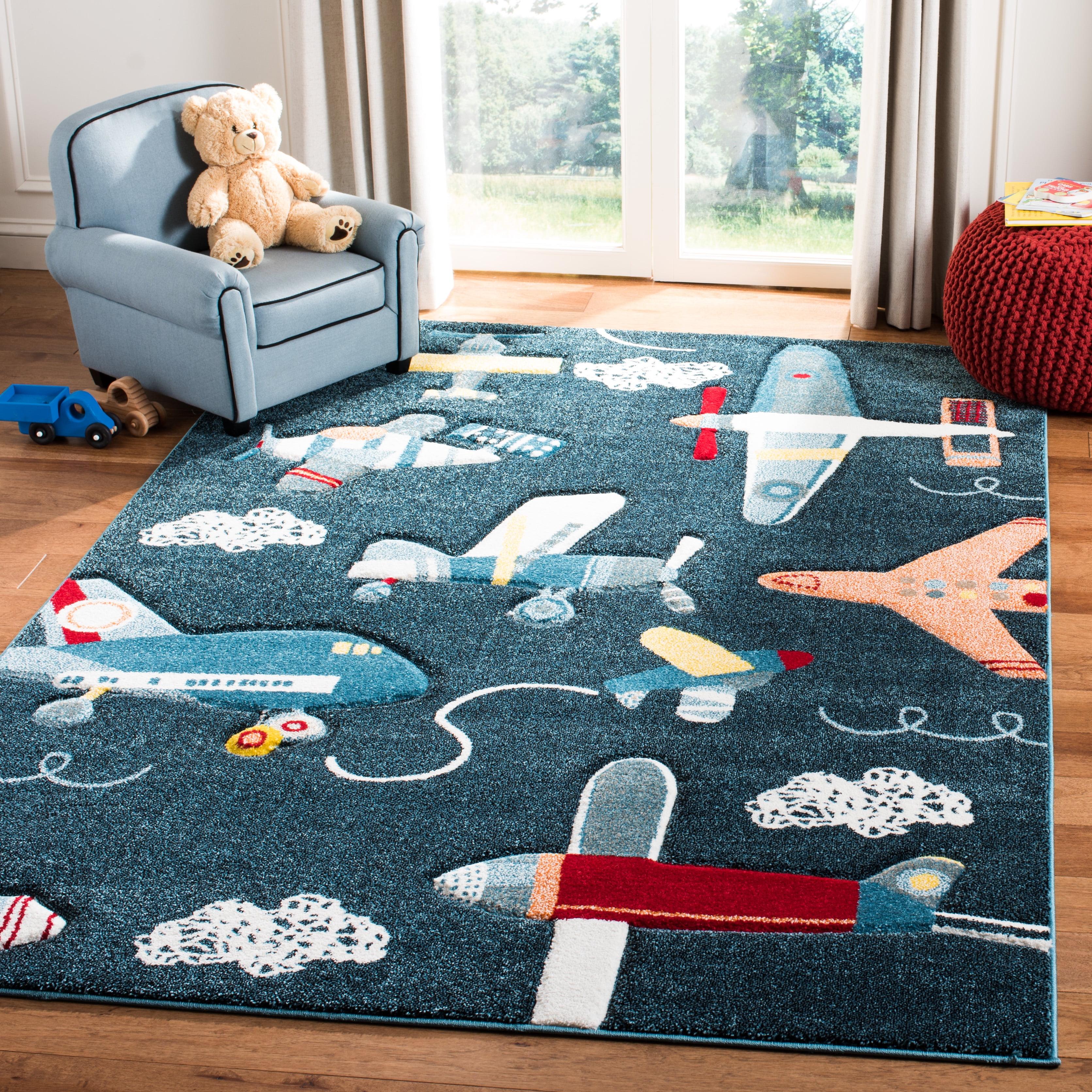 Navy and Ivory Square Non-slip Kids Synthetic Rug