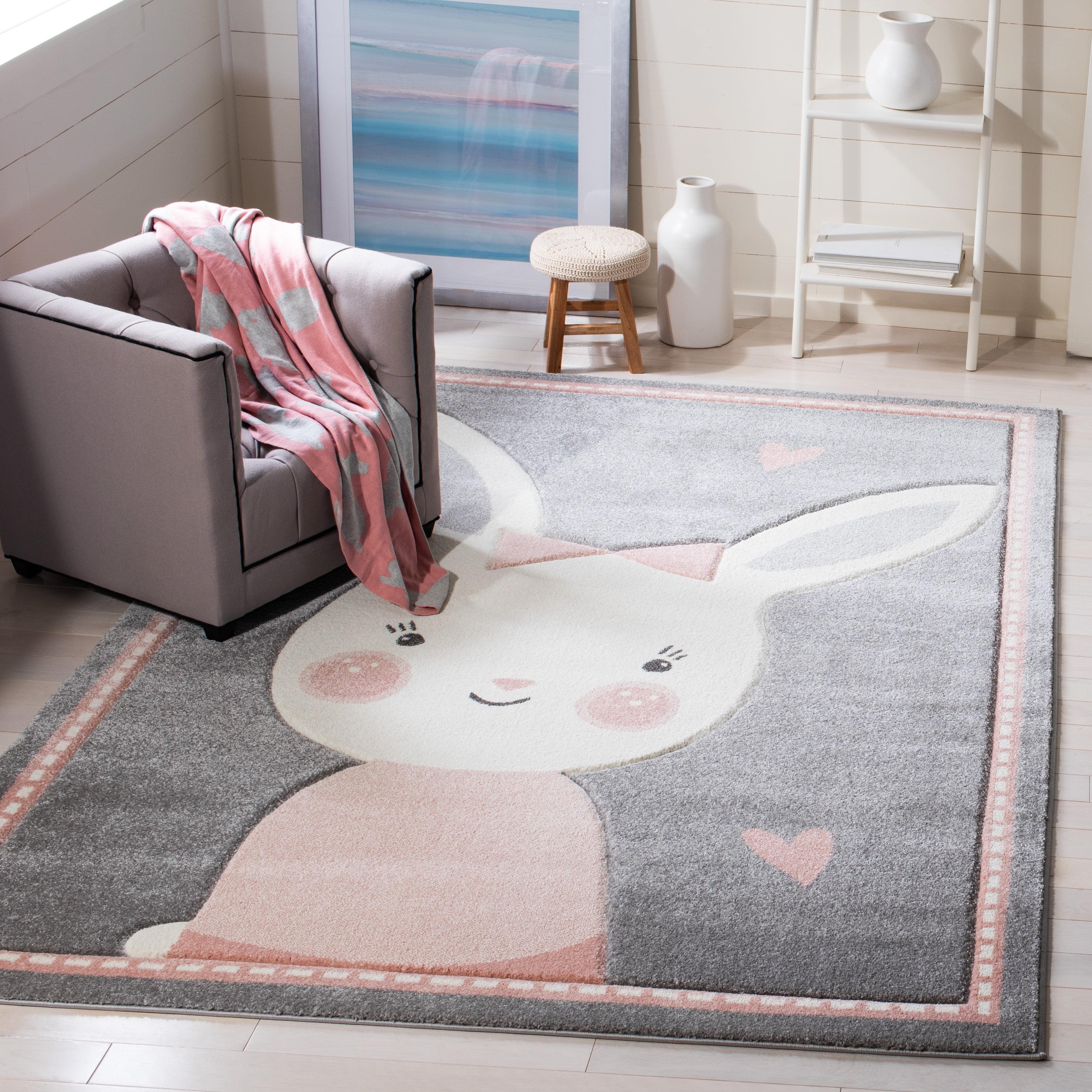 Ivory and Grey Square Kids Bunny Area Rug