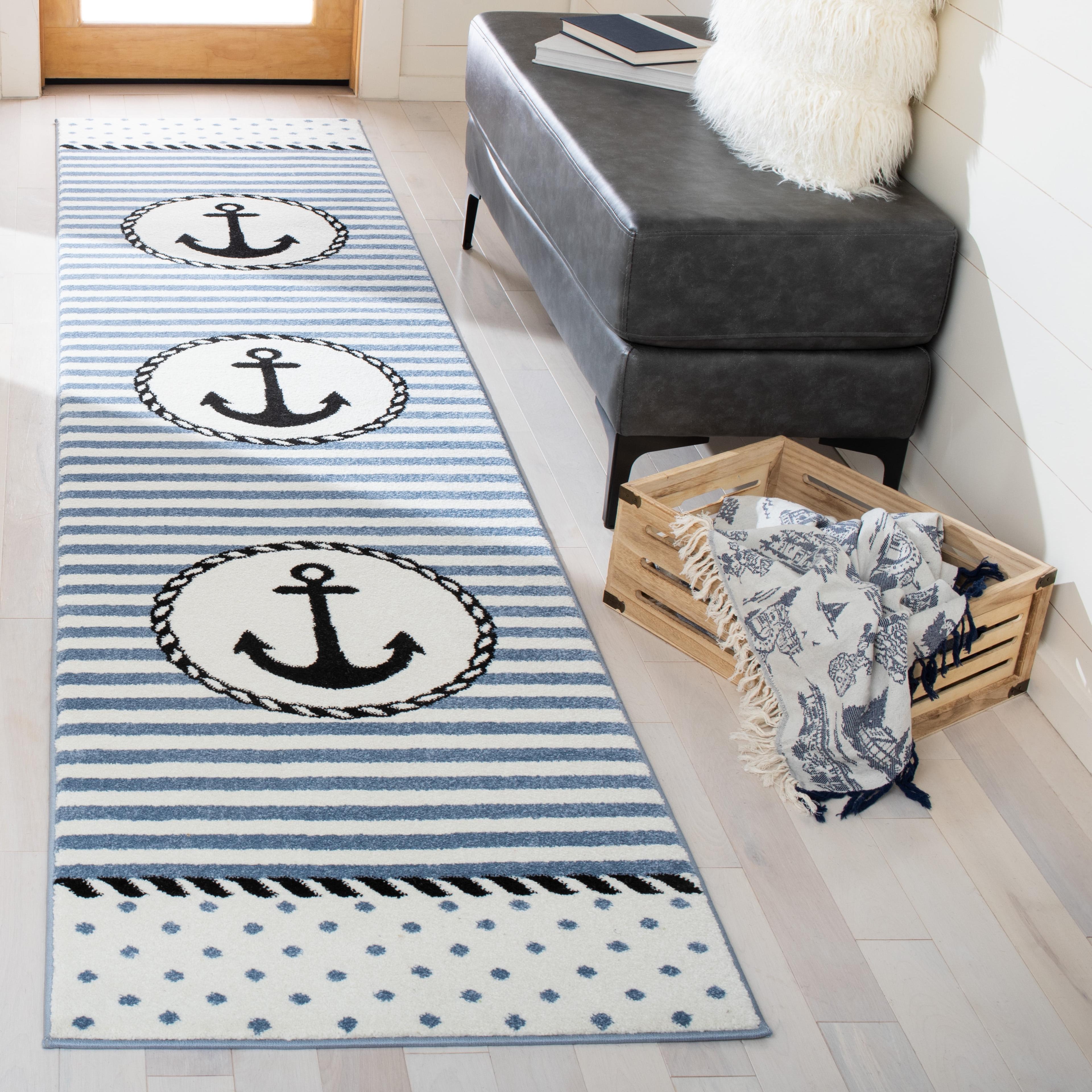 Ivory and Navy Hand-knotted Synthetic Kids Rug, 2'3" x 10'