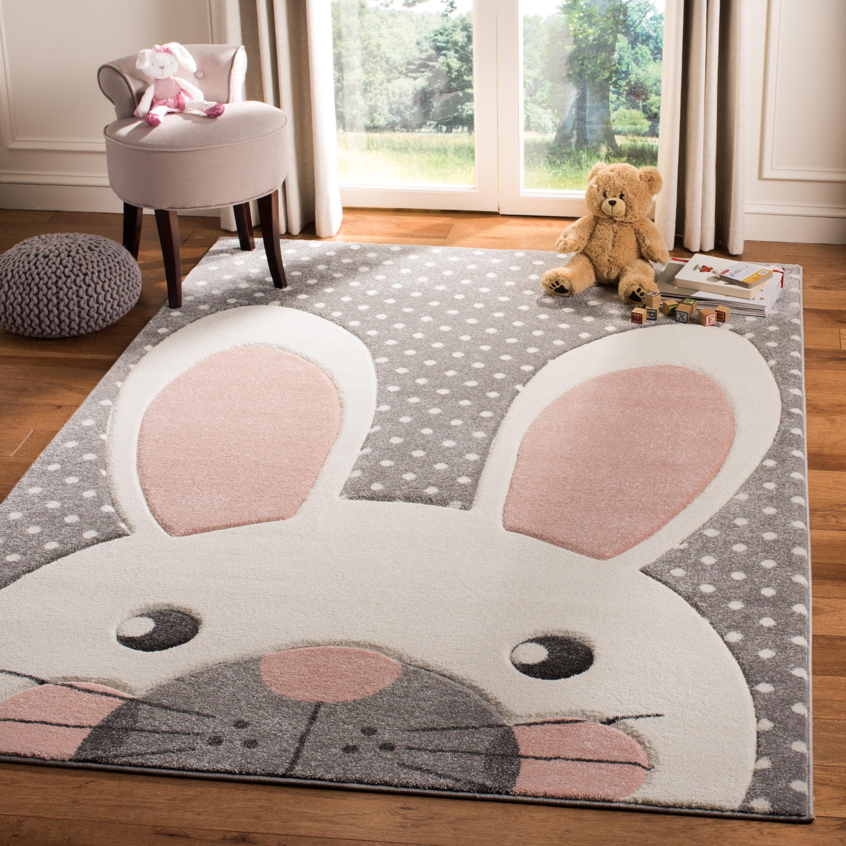 Enchanted Playtime Pink & Grey Square Synthetic Rug for Kids