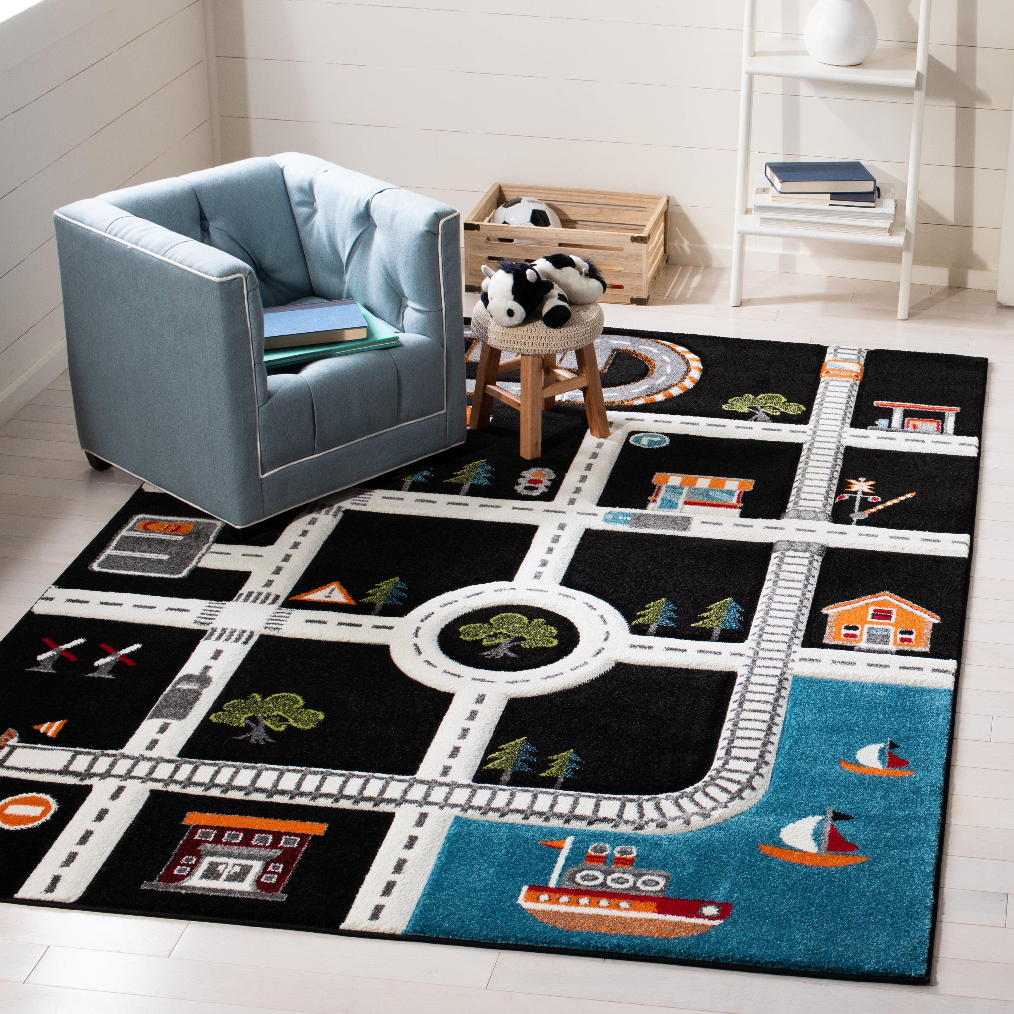 Playful Storybook Animals Black/Ivory Square Area Rug for Kids