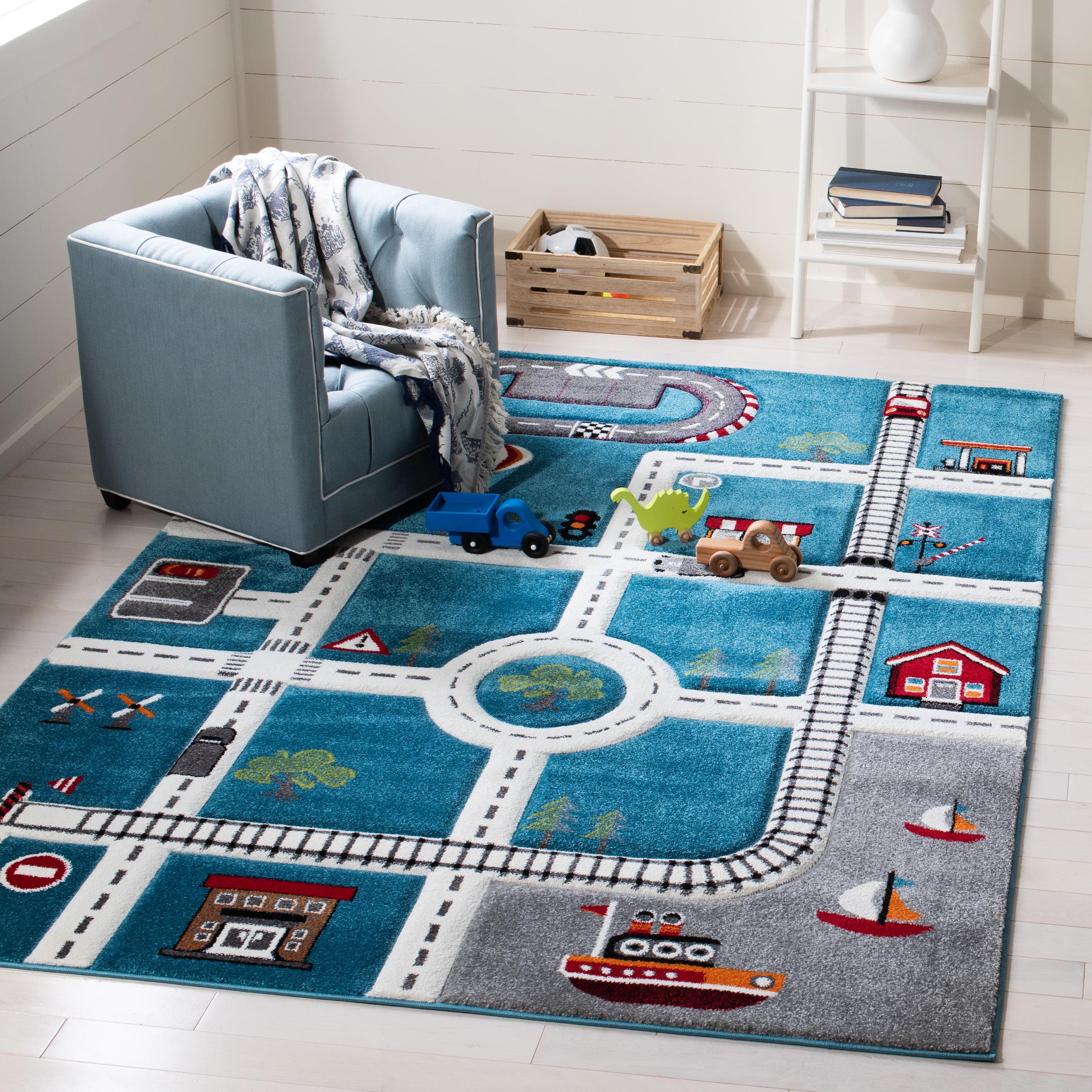 Turquoise and Ivory Kids' Square Play Rug with Train Track Design