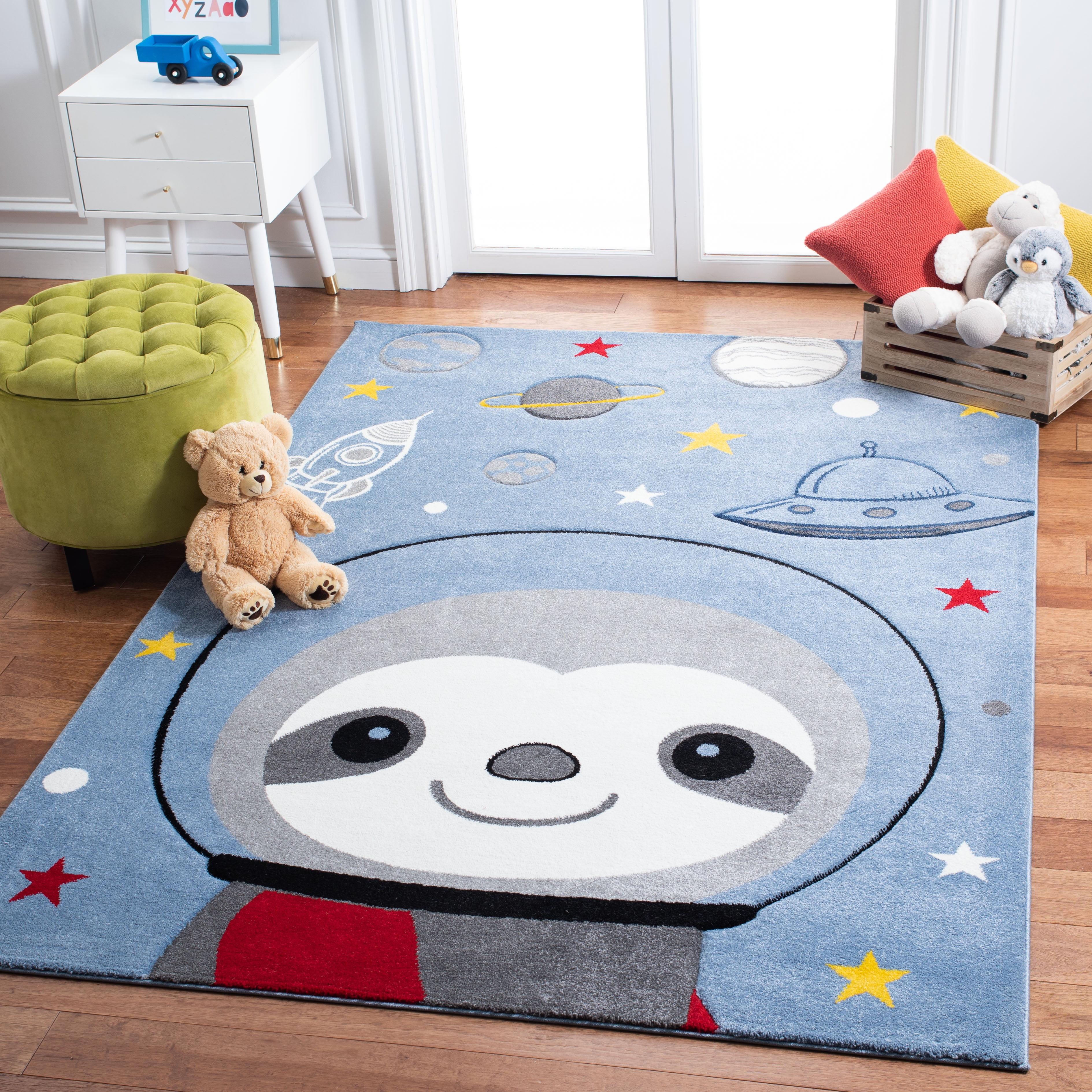 Happy Sloth Astronaut Kids Square Rug in Blue/Grey - Easy Care Synthetic