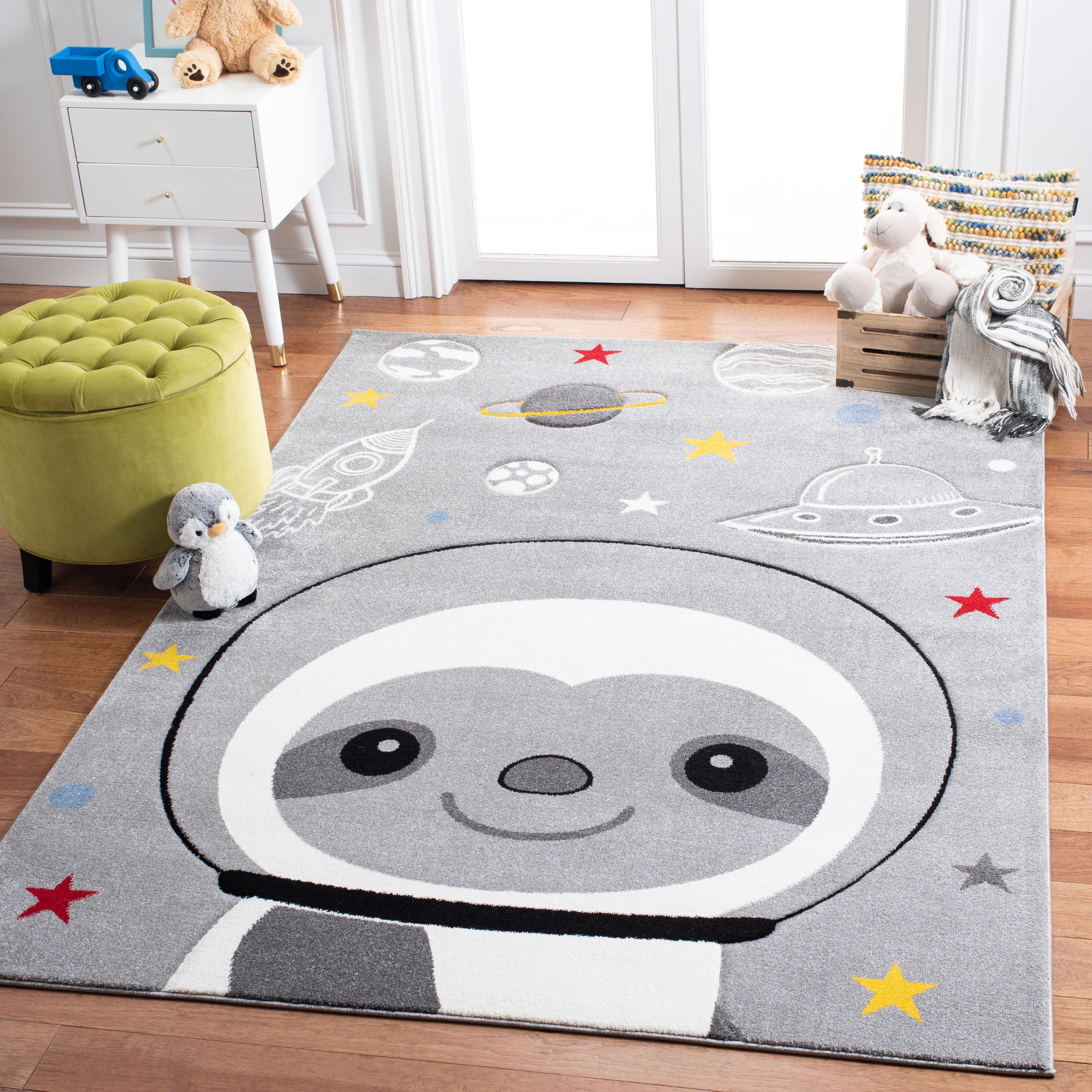 Starry Night Gray & Ivory Synthetic Round Rug for Kids - Handmade & Non-Slip