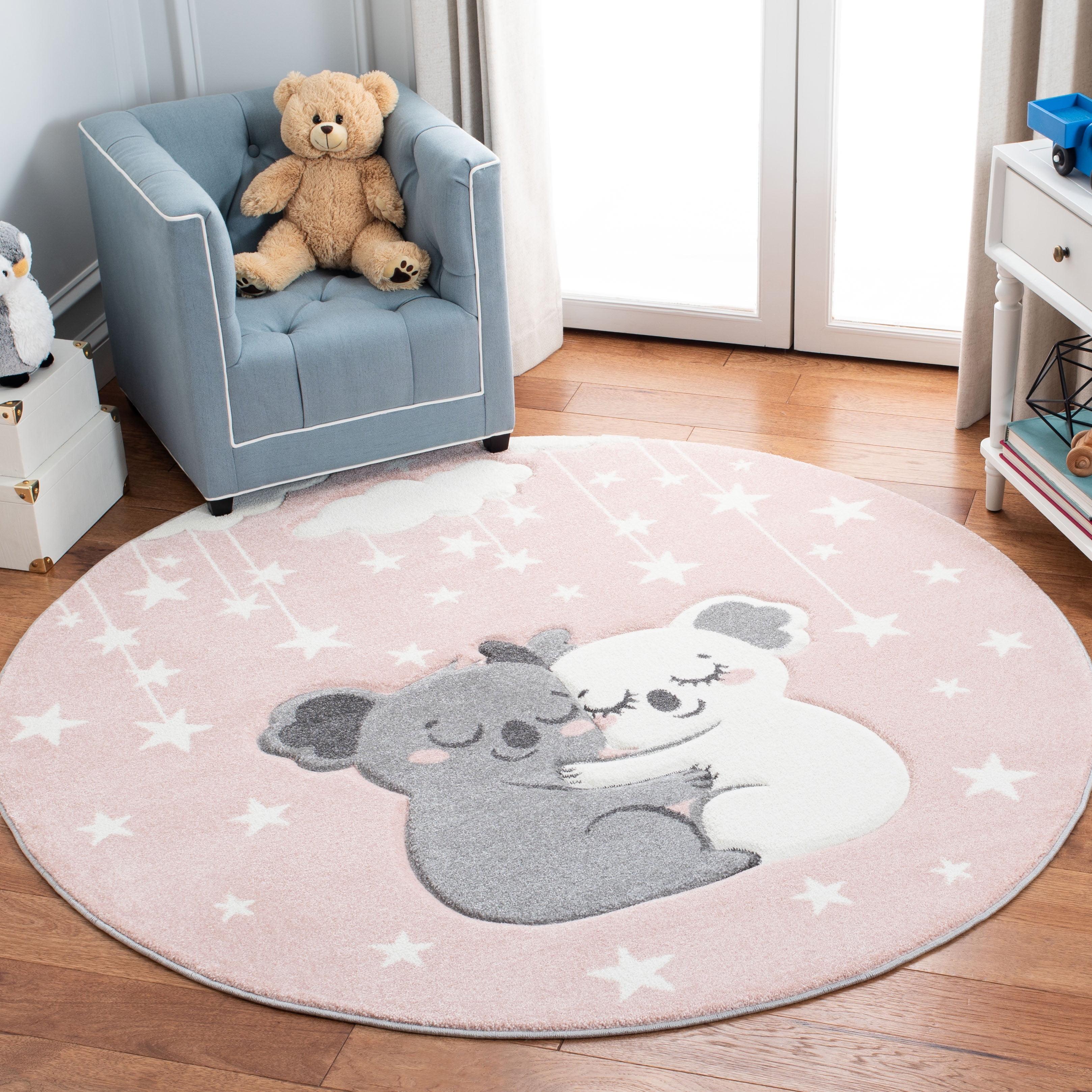 Round Pink and White Synthetic Kids Rug, 59-inch