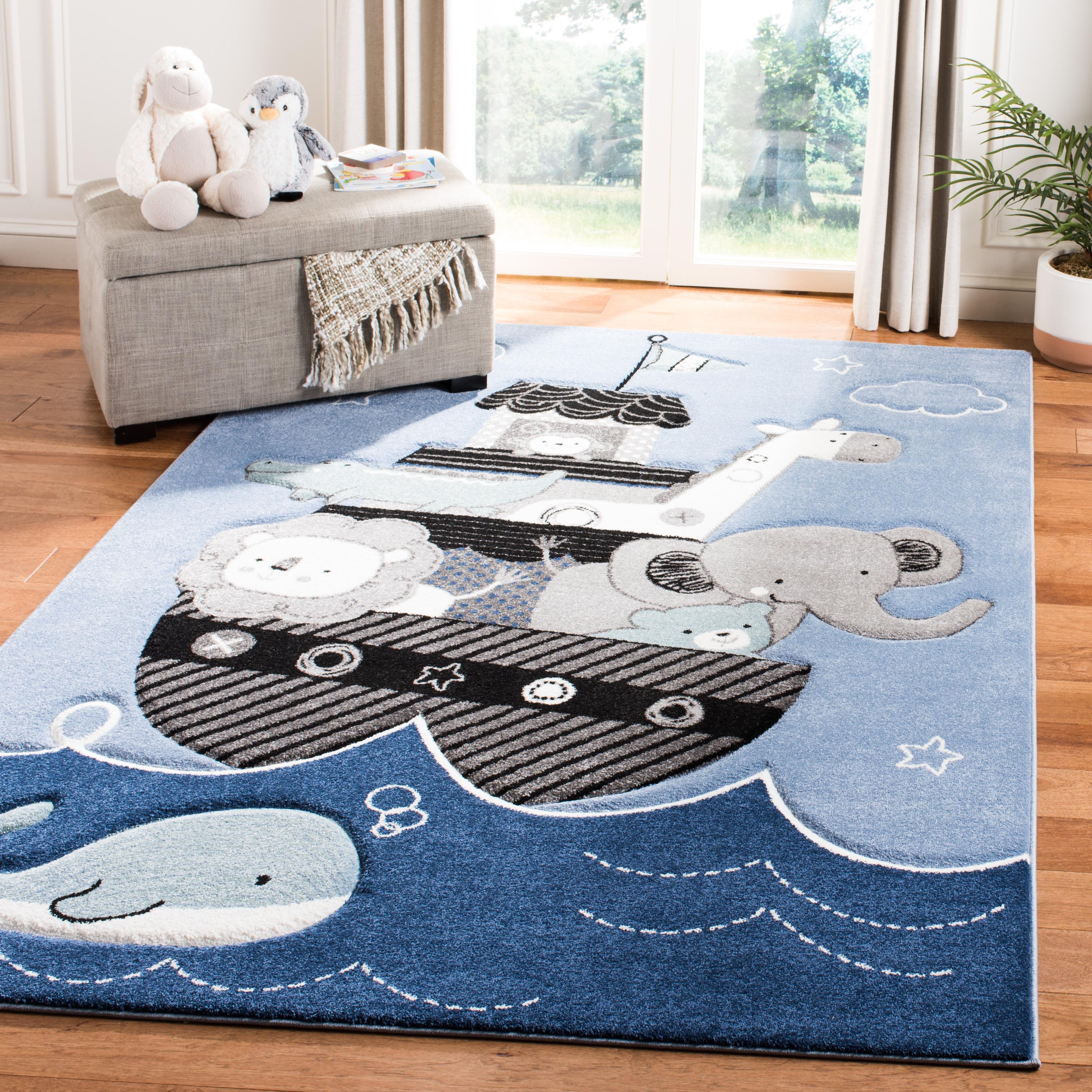 Blue and Grey 4' x 6' Kids Animal Adventure Rug