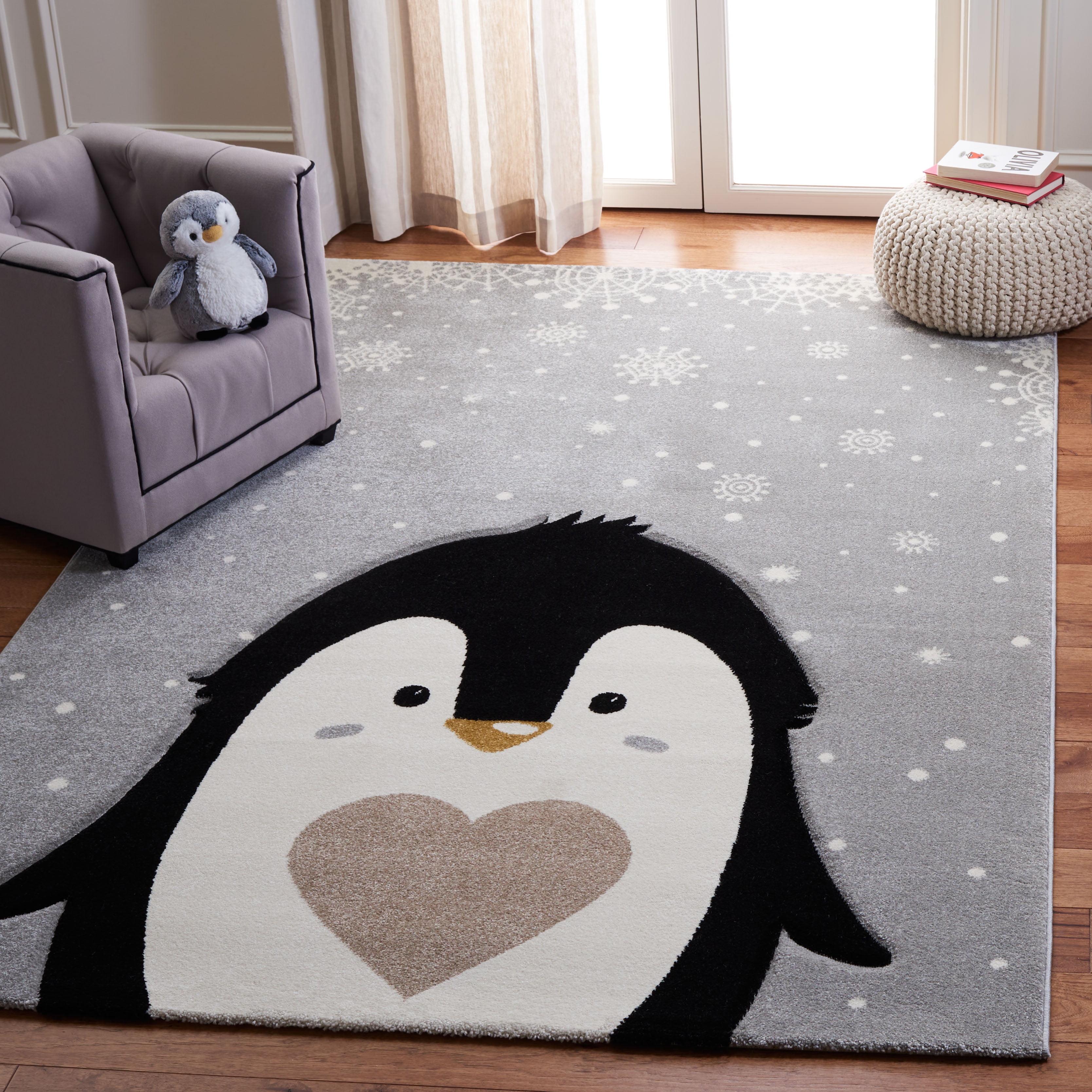 Whimsical Penguin Parade 8' x 10' Light Grey Synthetic Area Rug for Kids